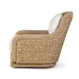 For a casual, coastal vibe, this outdoor chair takes on the classic slipper silhouette with added dimension and movement atop a 360-swivel base. It's all about the heavy braided weave technique: Faux banana leaf comes together in a mix of weave formats for added visual interest, finishing with a cord wrap detail on the arms. Amethyst Home provides interior design, new home construction design consulting, vintage area rugs, and lighting in the Tampa metro area.