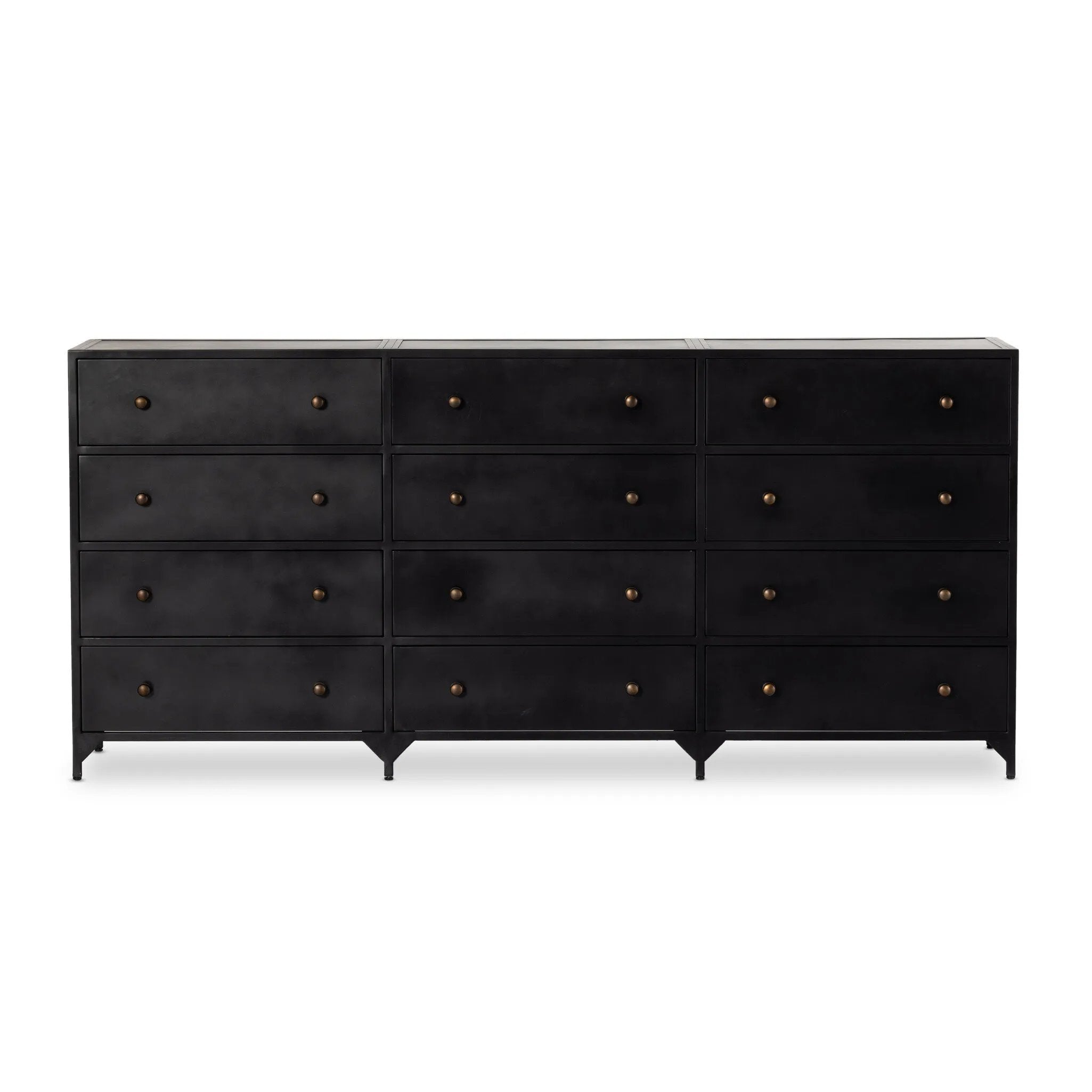 Industrial-inspired, black-finished iron forms a wide and roomy twelve-drawer dresser, with bronzed knobs for contrast Amethyst Home provides interior design, new home construction design consulting, vintage area rugs, and lighting in the Austin metro area.