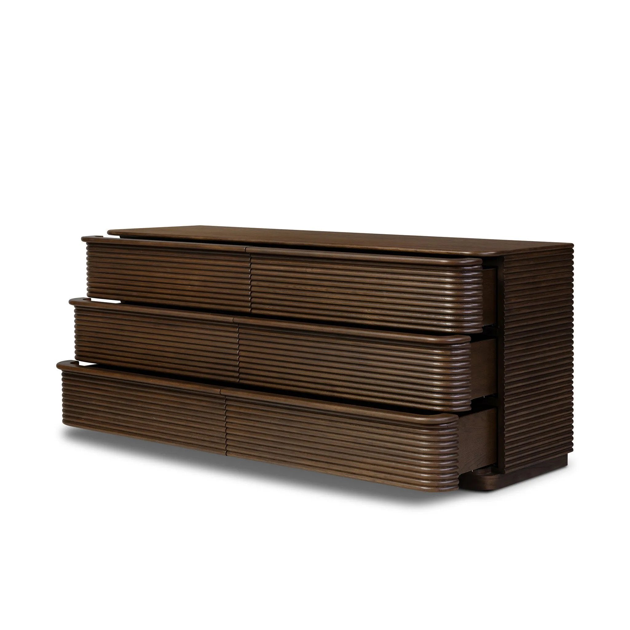 Inspired by aerodynamic-inspired Streamline Moderne style, stacked scalloped reeding wraps this spiced oak dresser with six spacious drawers. The result: a beautifully rhythmic, repeated look. With integrated hardware for a clean finish.As fans of natural materials at Amethyst, we love the nature inspired Benny 6 Drawer Dresser - Spiced Oak Veneer. Amethyst Home provides interior design, new home construction design consulting, vintage area rugs, and lighting in the Kansas City metro area.