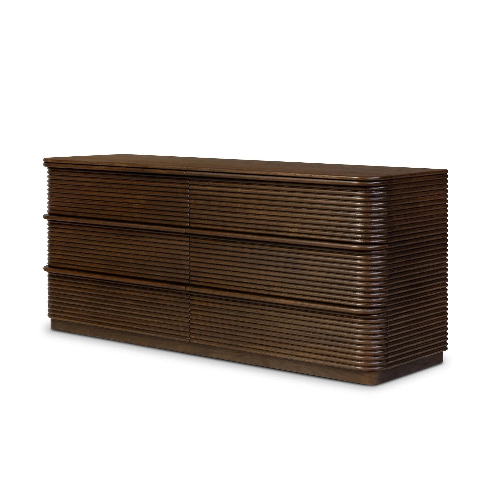 Inspired by aerodynamic-inspired Streamline Moderne style, stacked scalloped reeding wraps this spiced oak dresser with six spacious drawers. The result: a beautifully rhythmic, repeated look. With integrated hardware for a clean finish.As fans of natural materials at Amethyst, we love the nature inspired Benny 6 Drawer Dresser - Spiced Oak Veneer. Amethyst Home provides interior design, new home construction design consulting, vintage area rugs, and lighting in the Omaha metro area.