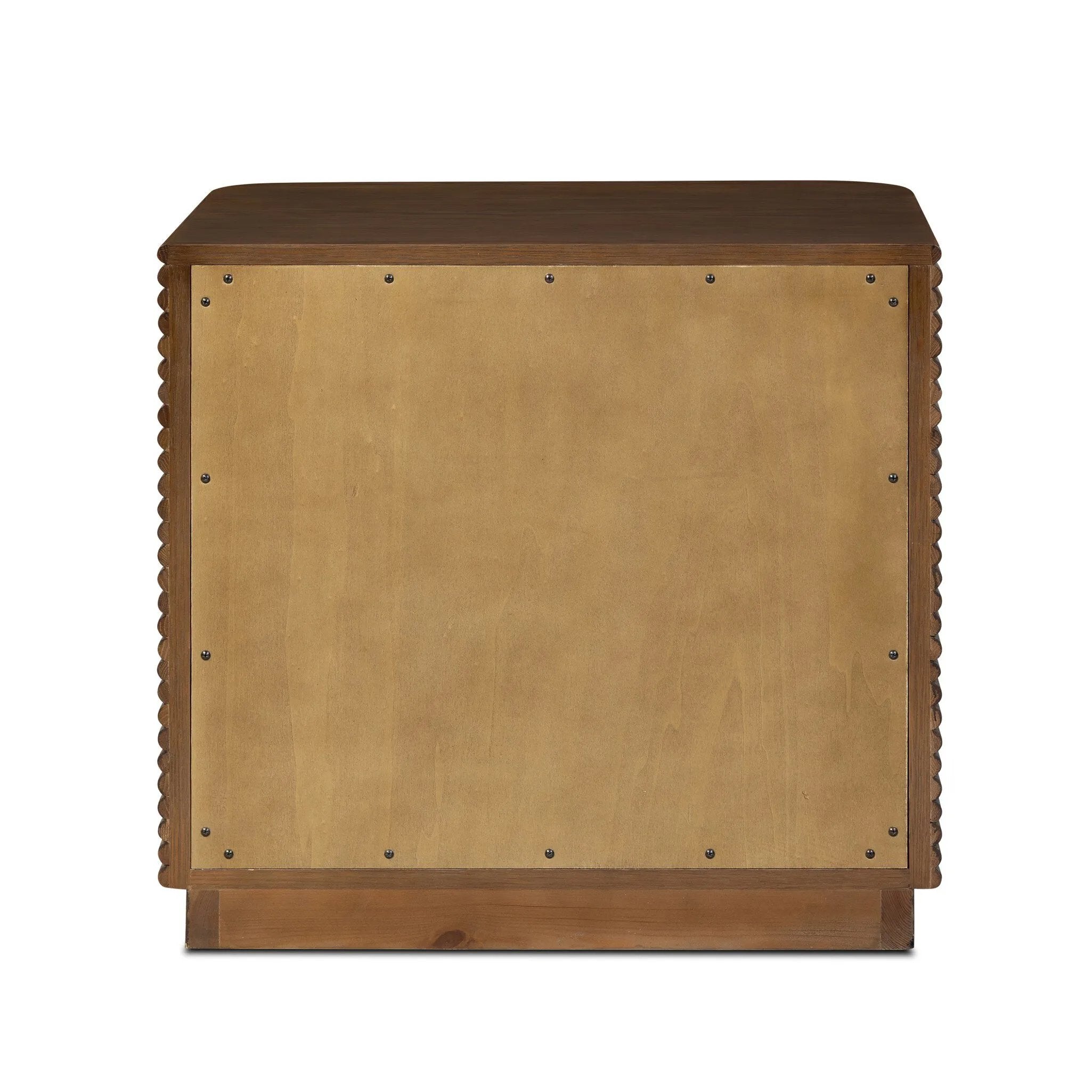 Inspired by aerodynamic-inspired Streamline Moderne style, stacked scalloped reeding wraps this spiced oak nightstand. The result: a beautifully rhythmic, repeated look. With integrated hardware for a clean finish.As lovers of modern aesthetics at Amethyst, we love the warm modern inspired Benny Nightstand - Spiced Oak Veneer. Amethyst Home provides interior design, new home construction design consulting, vintage area rugs, and lighting in the Alpharetta metro area.