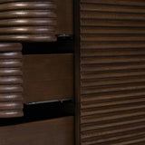 Inspired by aerodynamic-inspired Streamline Moderne style, stacked scalloped reeding wraps this spiced oak nightstand. The result: a beautifully rhythmic, repeated look. With integrated hardware for a clean finish.As lovers of modern aesthetics at Amethyst, we love the warm modern inspired Benny Nightstand - Spiced Oak Veneer. Amethyst Home provides interior design, new home construction design consulting, vintage area rugs, and lighting in the Dallas metro area.