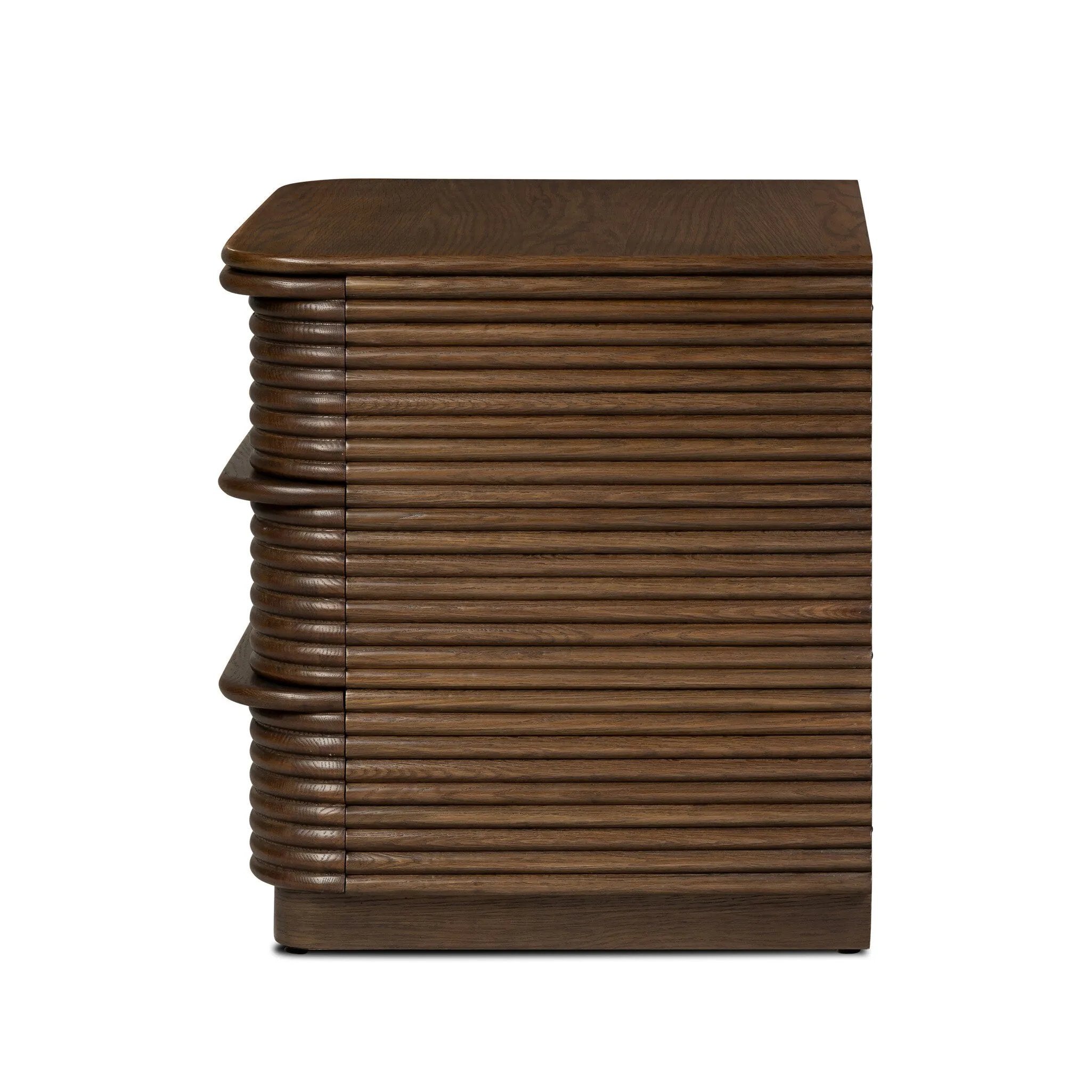 Inspired by aerodynamic-inspired Streamline Moderne style, stacked scalloped reeding wraps this spiced oak nightstand. The result: a beautifully rhythmic, repeated look. With integrated hardware for a clean finish.As lovers of modern aesthetics at Amethyst, we love the warm modern inspired Benny Nightstand - Spiced Oak Veneer. Amethyst Home provides interior design, new home construction design consulting, vintage area rugs, and lighting in the Des Moines metro area.