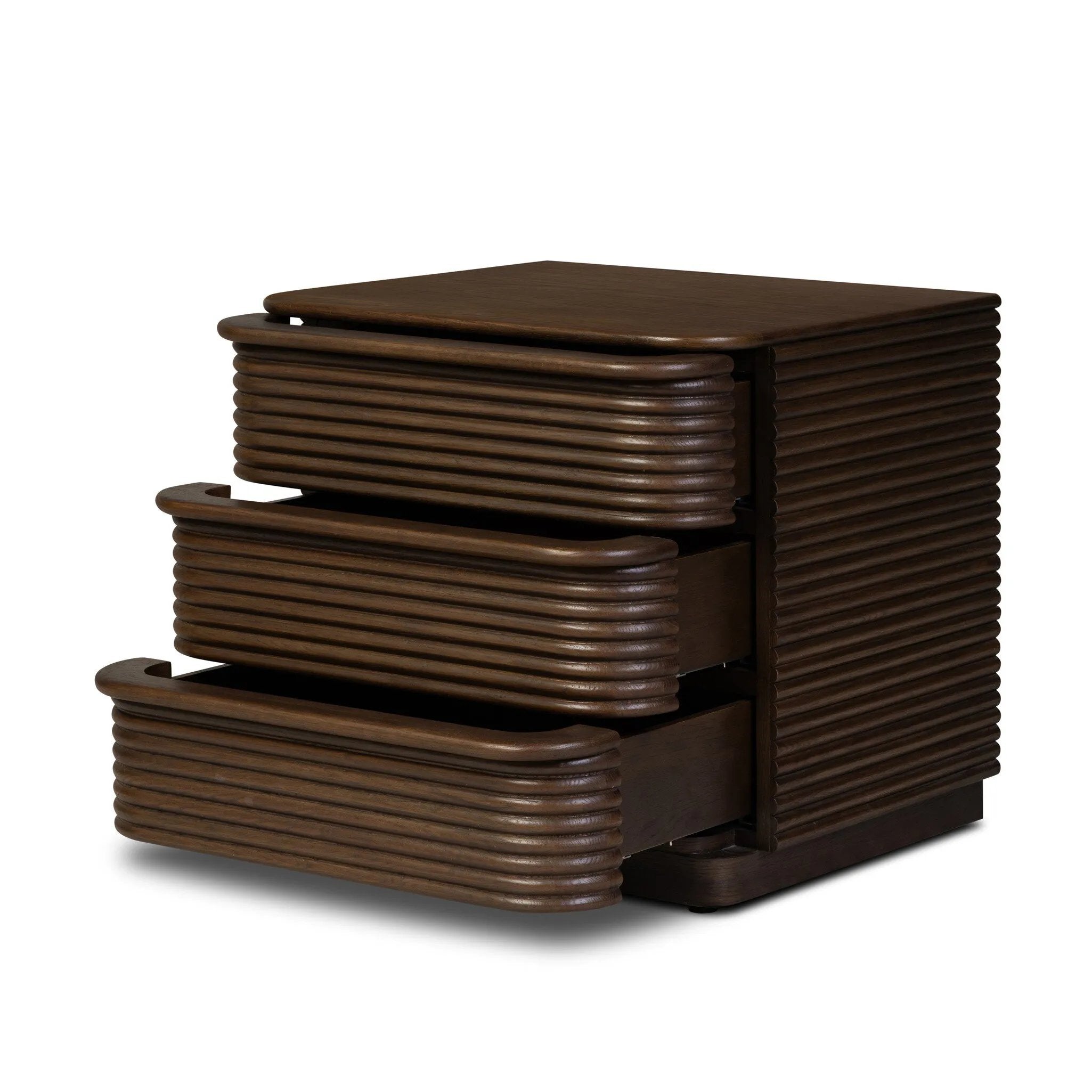 Inspired by aerodynamic-inspired Streamline Moderne style, stacked scalloped reeding wraps this spiced oak nightstand. The result: a beautifully rhythmic, repeated look. With integrated hardware for a clean finish.As lovers of modern aesthetics at Amethyst, we love the warm modern inspired Benny Nightstand - Spiced Oak Veneer. Amethyst Home provides interior design, new home construction design consulting, vintage area rugs, and lighting in the Houston metro area.