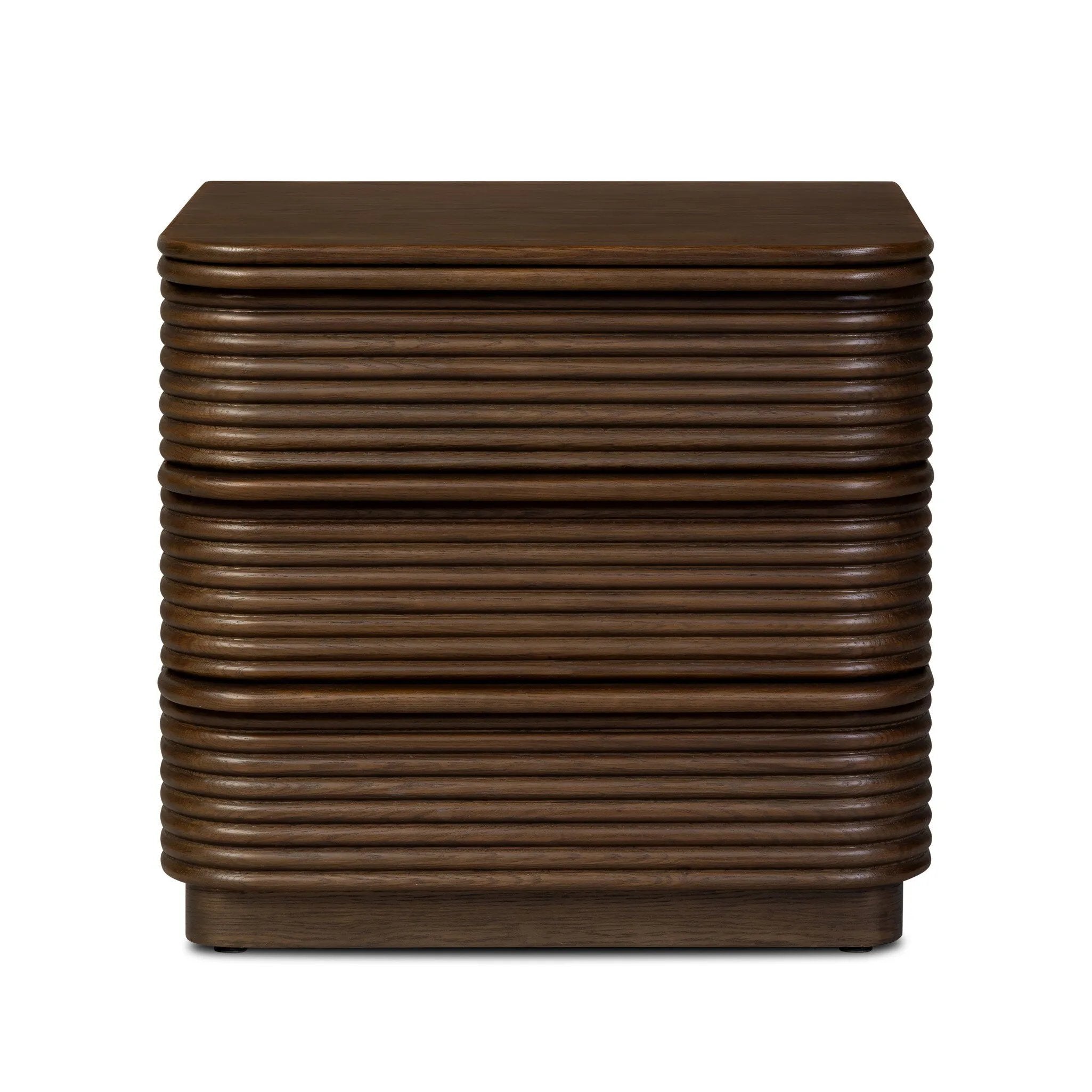 Inspired by aerodynamic-inspired Streamline Moderne style, stacked scalloped reeding wraps this spiced oak nightstand. The result: a beautifully rhythmic, repeated look. With integrated hardware for a clean finish.As lovers of modern aesthetics at Amethyst, we love the warm modern inspired Benny Nightstand - Spiced Oak Veneer. Amethyst Home provides interior design, new home construction design consulting, vintage area rugs, and lighting in the Monterey metro area.
