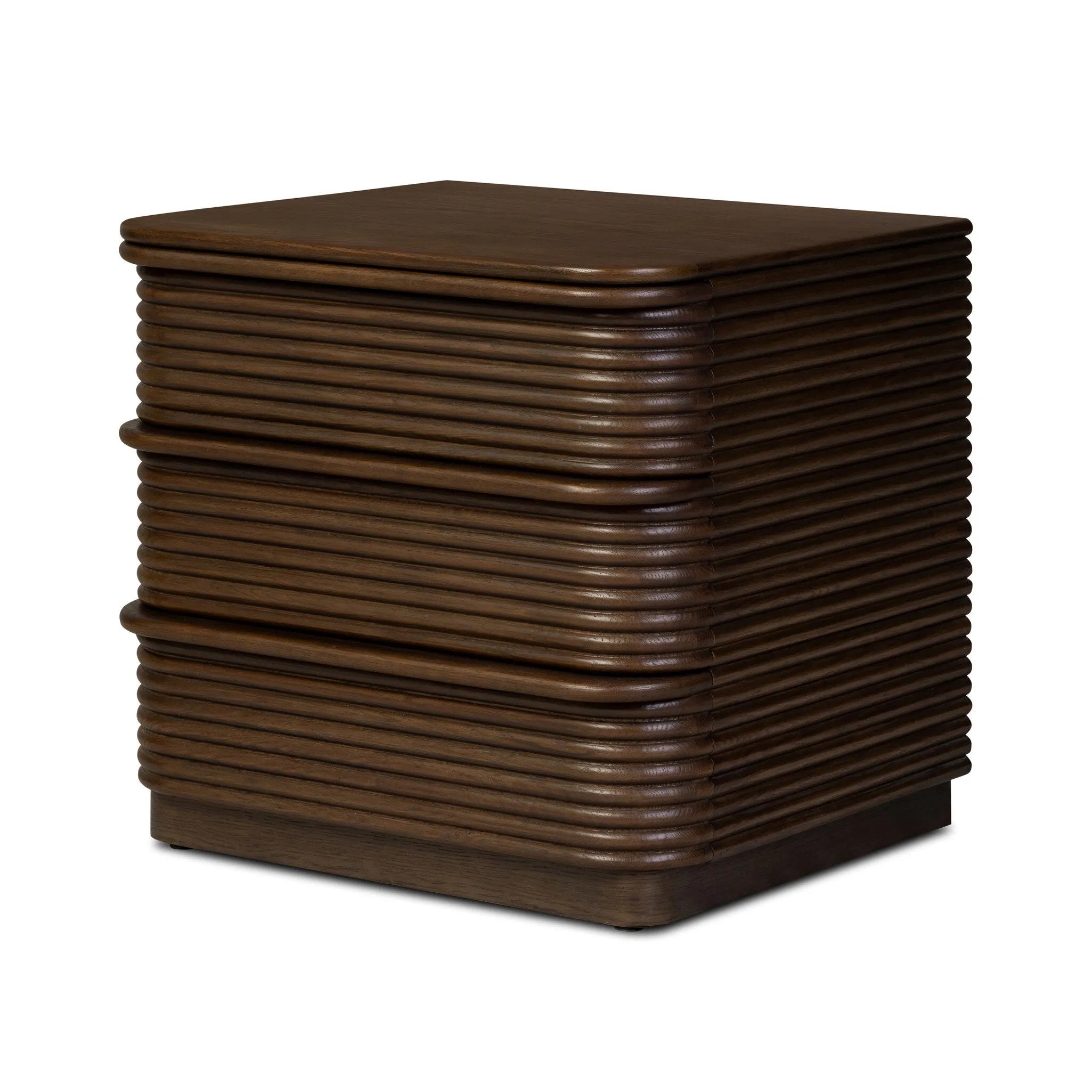 Inspired by aerodynamic-inspired Streamline Moderne style, stacked scalloped reeding wraps this spiced oak nightstand. The result: a beautifully rhythmic, repeated look. With integrated hardware for a clean finish.As lovers of modern aesthetics at Amethyst, we love the warm modern inspired Benny Nightstand - Spiced Oak Veneer. Amethyst Home provides interior design, new home construction design consulting, vintage area rugs, and lighting in the Omaha metro area.