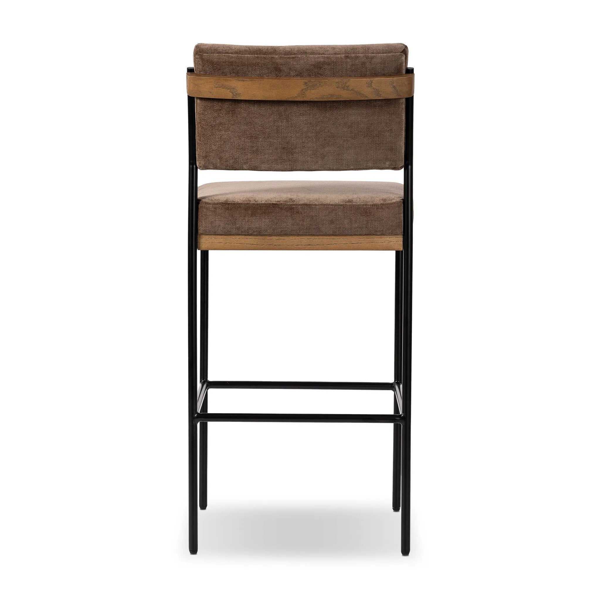 Simple and streamlined with thoughtful details. Slim, black-finished iron frame with solid oak decking, plus black top-grain leather seating for modernity. A stylish staple for any counter Amethyst Home provides interior design, new home construction design consulting, vintage area rugs, and lighting in the Seattle metro area.