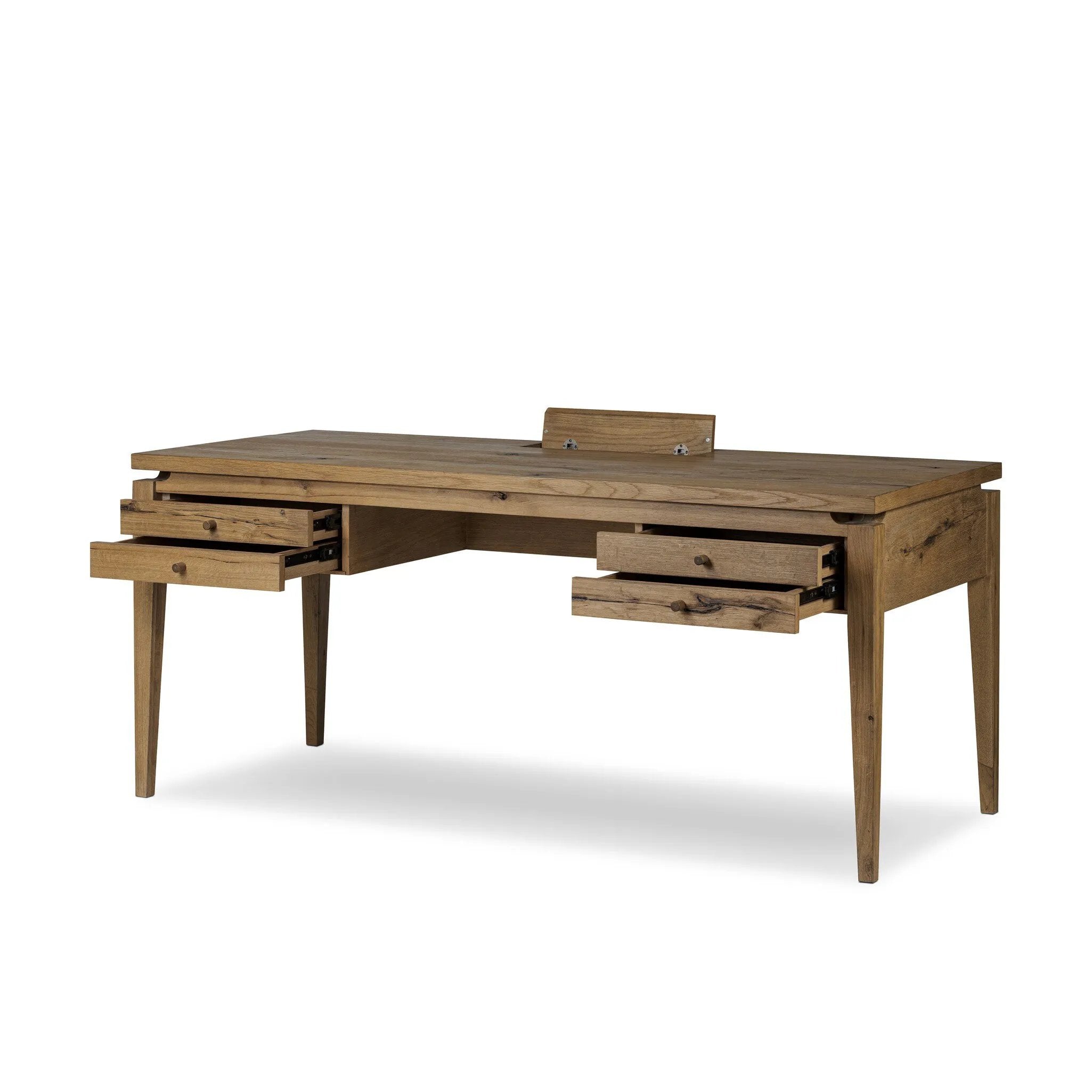 Featuring Bergstrom Warm Natural Oak Veneer Desk by Four Hands at Amethyst Home. Warm up your workspace with this light-finished writing desk of rich character oak. Tapered legs and subtle corner relief details create a simplified look that complements a home office or flex space. Complete with thoughtful touches like built-in cord management, a flip-top o. Amethyst Home provides interior design, new home construction design consulting, vintage area rugs, and lighting in the Alpharetta metro area.