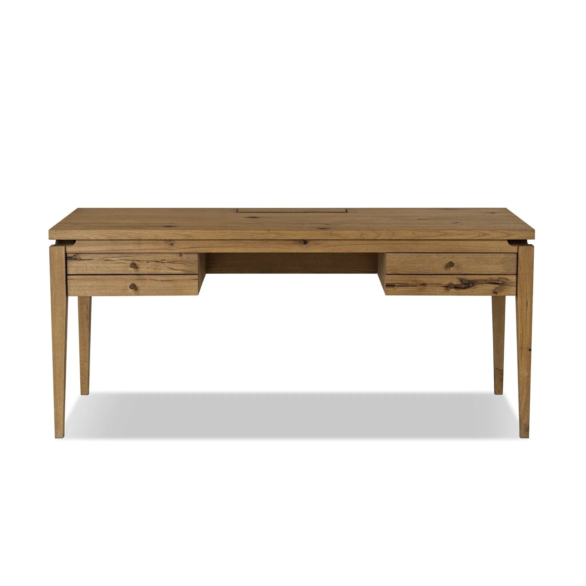 Warm up your workspace with this light-finished writing desk of rich character oak. Tapered legs and subtle corner relief details create a simplified look that complements a home office or flex space. Amethyst Home provides interior design, new home construction design consulting, vintage area rugs, and lighting in the Dallas metro area.