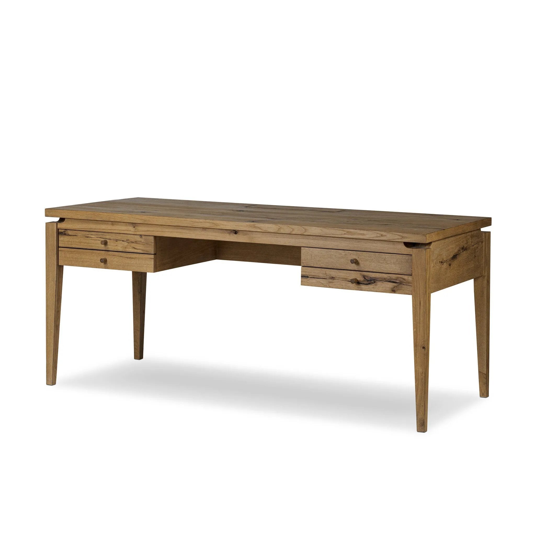 Featuring Bergstrom Warm Natural Oak Veneer Desk by Four Hands at Amethyst Home. Warm up your workspace with this light-finished writing desk of rich character oak. Tapered legs and subtle corner relief details create a simplified look that complements a home office or flex space. Complete with thoughtful touches like built-in cord management, a flip-top outlet. Amethyst Home provides interior design, new home construction design consulting, vintage area rugs, and lighting in the Miami metro area.