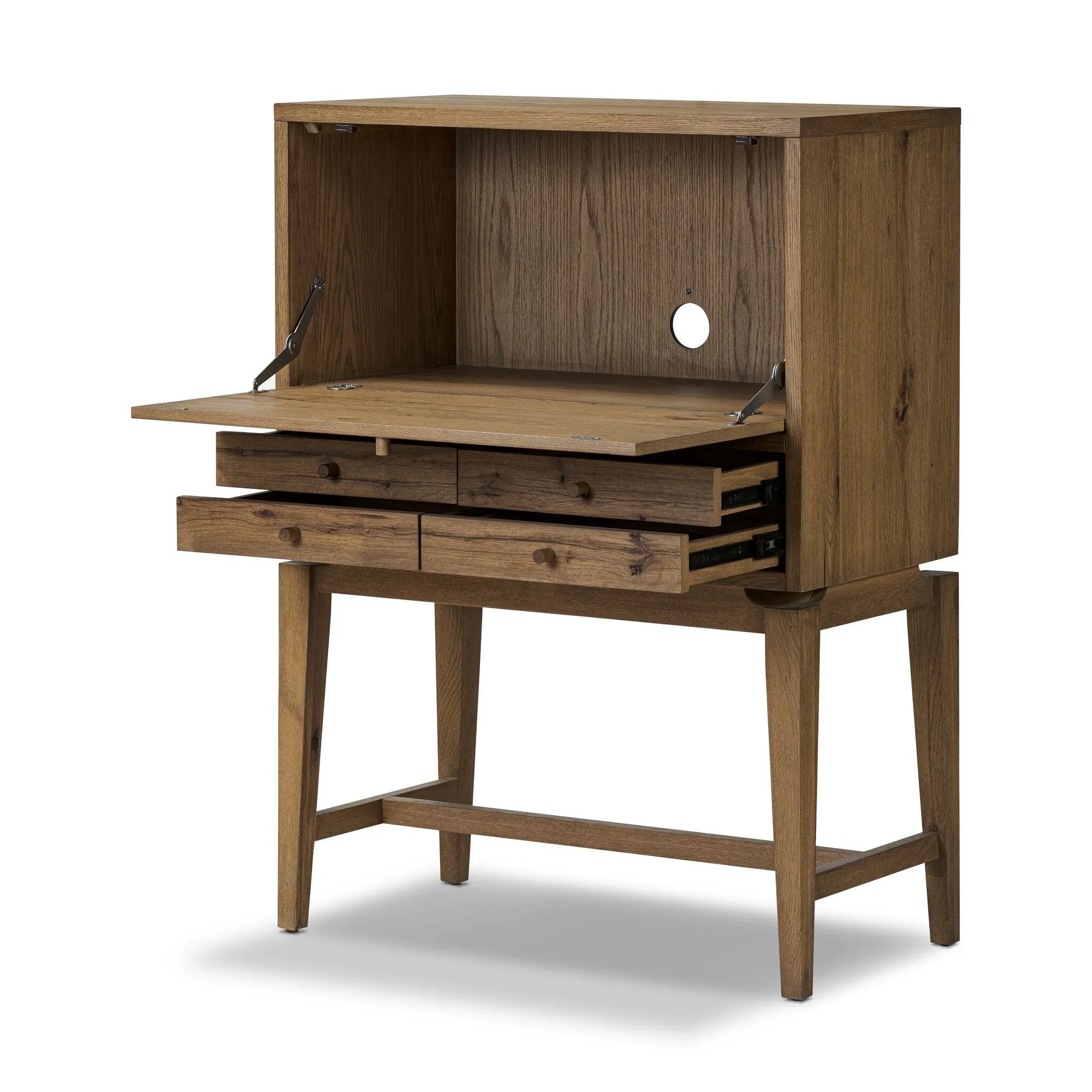 A fresh take on the traditional secretary desk, made from warm natural oak. A flip-down top creates a wide writing surface, offering the perfect place to pen a handwritten note Amethyst Home provides interior design, new home construction design consulting, vintage area rugs, and lighting in the Austin metro area.