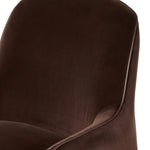 Compact and cozy, this high-back swivel chair with pillow-formed arms features contrast piping outlining its silhouette. Velvety performance fabric in a deep brown hue offers maximum comfort. The base is affixed to a 360-degree swivel for relaxed lounging. Amethyst Home provides interior design, new home construction design consulting, vintage area rugs, and lighting in the Charlotte metro area.