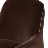 Compact and cozy, this high-back swivel chair with pillow-formed arms features contrast piping outlining its silhouette. Velvety performance fabric in a deep brown hue offers maximum comfort. The base is affixed to a 360-degree swivel for relaxed lounging. Amethyst Home provides interior design, new home construction design consulting, vintage area rugs, and lighting in the Charlotte metro area.