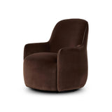 Compact and cozy, this high-back swivel chair with pillow-formed arms features contrast piping outlining its silhouette. Velvety performance fabric in a deep brown hue offers maximum comfort. The base is affixed to a 360-degree swivel for relaxed lounging. Amethyst Home provides interior design, new home construction design consulting, vintage area rugs, and lighting in the Los Angeles metro area.
