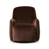 Compact and cozy, this high-back swivel chair with pillow-formed arms features contrast piping outlining its silhouette. Velvety performance fabric in a deep brown hue offers maximum comfort. The base is affixed to a 360-degree swivel for relaxed lounging. Amethyst Home provides interior design, new home construction design consulting, vintage area rugs, and lighting in the Omaha metro area.