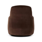 Compact and cozy, this high-back swivel chair with pillow-formed arms features contrast piping outlining its silhouette. Velvety performance fabric in a deep brown hue offers maximum comfort. The base is affixed to a 360-degree swivel for relaxed lounging. Amethyst Home provides interior design, new home construction design consulting, vintage area rugs, and lighting in the Washington metro area.