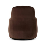 Compact and cozy, this high-back swivel chair with pillow-formed arms features contrast piping outlining its silhouette. Velvety performance fabric in a deep brown hue offers maximum comfort. The base is affixed to a 360-degree swivel for relaxed lounging. Amethyst Home provides interior design, new home construction design consulting, vintage area rugs, and lighting in the Washington metro area.