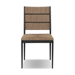 A steel dining chair frame is softened and paired with natural woven fibers. Thin, tapered legs and a tall channeled back create visual interest and relief across the entire piece. Seat and back are covered in naturally sustainable and durable agel fibers Amethyst Home provides interior design, new home construction design consulting, vintage area rugs, and lighting in the Salt Lake City metro area.