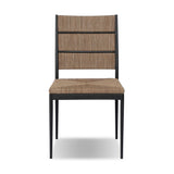 A steel dining chair frame is softened and paired with natural woven fibers. Thin, tapered legs and a tall channeled back create visual interest and relief across the entire piece. Seat and back are covered in naturally sustainable and durable agel fibers Amethyst Home provides interior design, new home construction design consulting, vintage area rugs, and lighting in the Salt Lake City metro area.