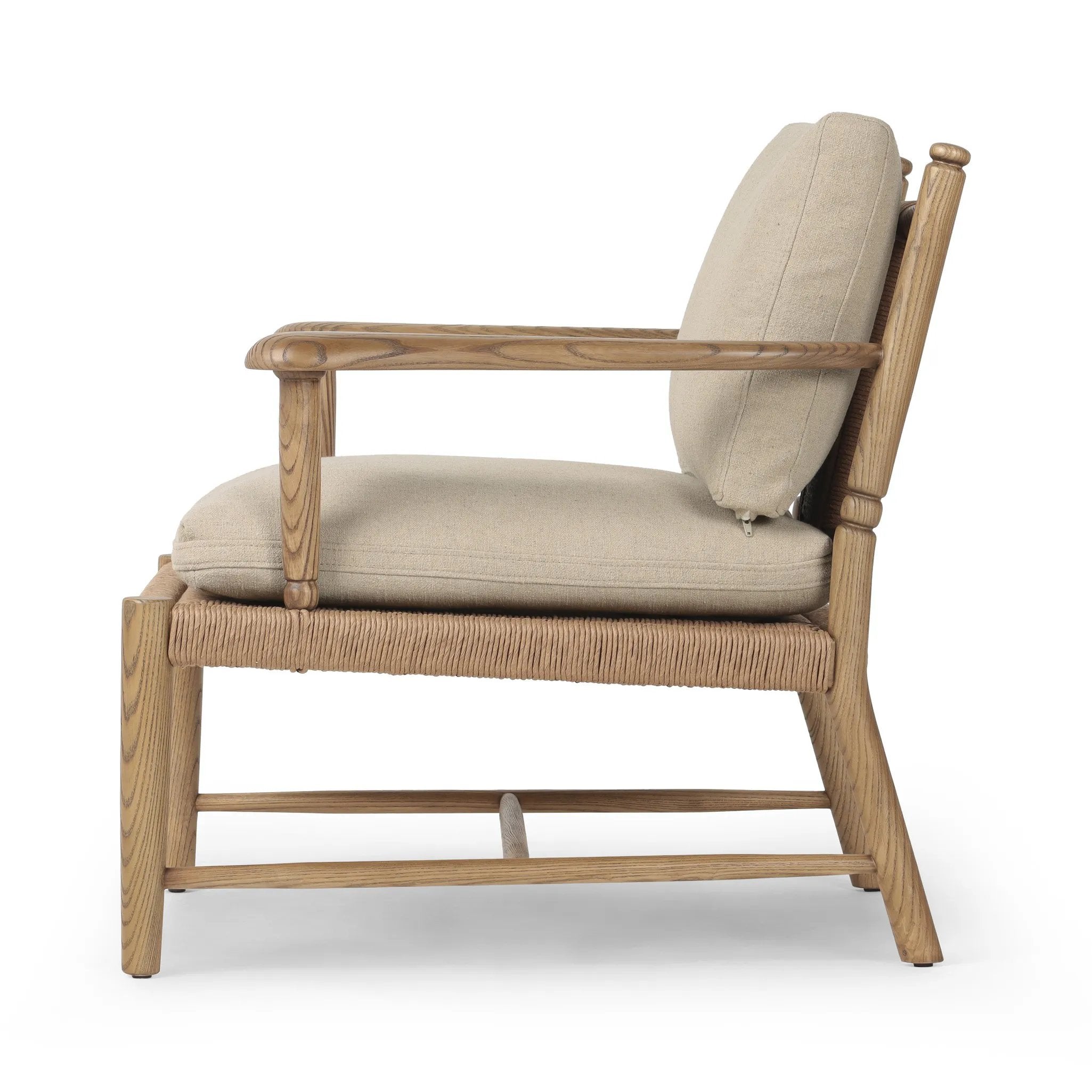 Featuring Bethan Antwerp Taupe Chair by Four Hands at Amethyst Home. Unique texture modernizes this vintage-inspired design. On its back, natural paper cord is woven into a geometric windowpane, for a truly unique touch. Paddle arms, eased edges and petite finials reflect the expert artisanship behind this versatile piece, while feather-blend box cushions . Amethyst Home provides interior design, new home construction design consulting, vintage area rugs, and lighting in the Alpharetta metro area.