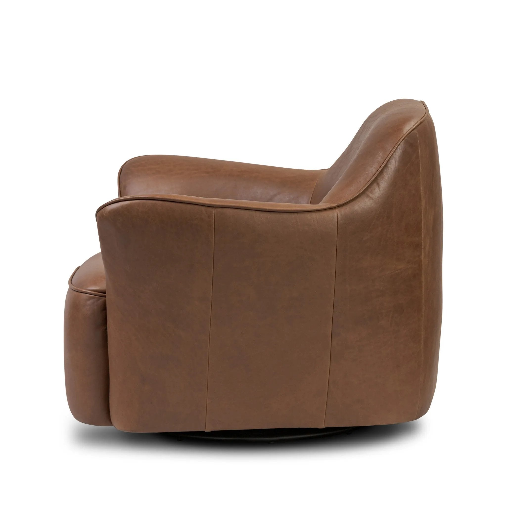 Featuring Bethany Dulane Mahogany Swivel Chair by Four Hands at Amethyst Home. Smooth lines and impeccable tailoring bring a clean, elevated look to this modernized 360 swivel chair. Made from top-grain leather with a rich mahogany finish, flared arms and piping trim reflect the intention behind this timeless design.Overall Dimensions: 35.00"w x 34.25"d x 29.75. Amethyst Home provides interior design, new home construction design consulting, vintage area rugs, and lighting in the Tampa metro area.