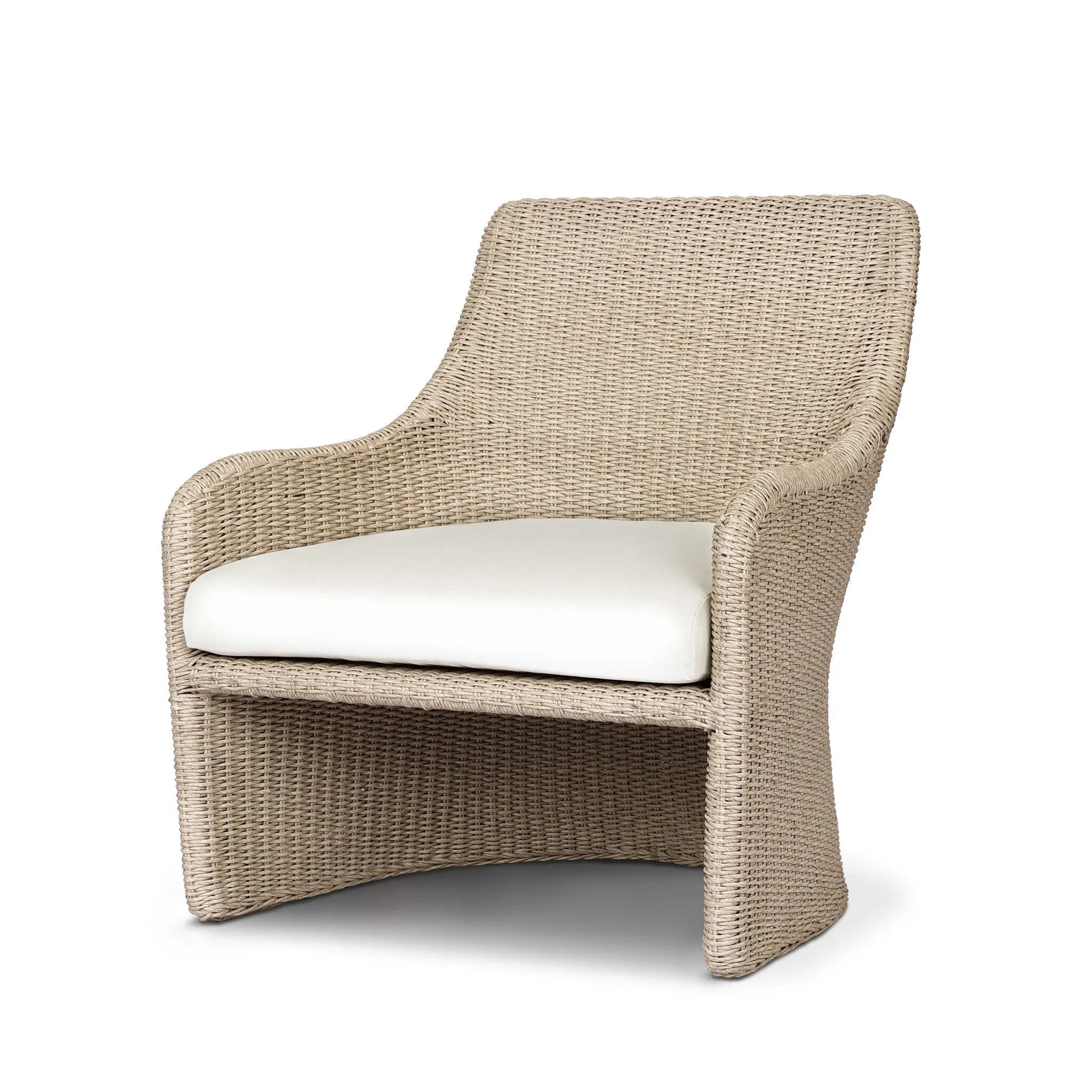 Sculptural and supportive with a high back, this fully woven outdoor lounge chair is finished with a cushion for an inviting seat. Cover or store inside during inclement weather and when not in use Amethyst Home provides interior design, new home construction design consulting, vintage area rugs, and lighting in the Washington metro area.