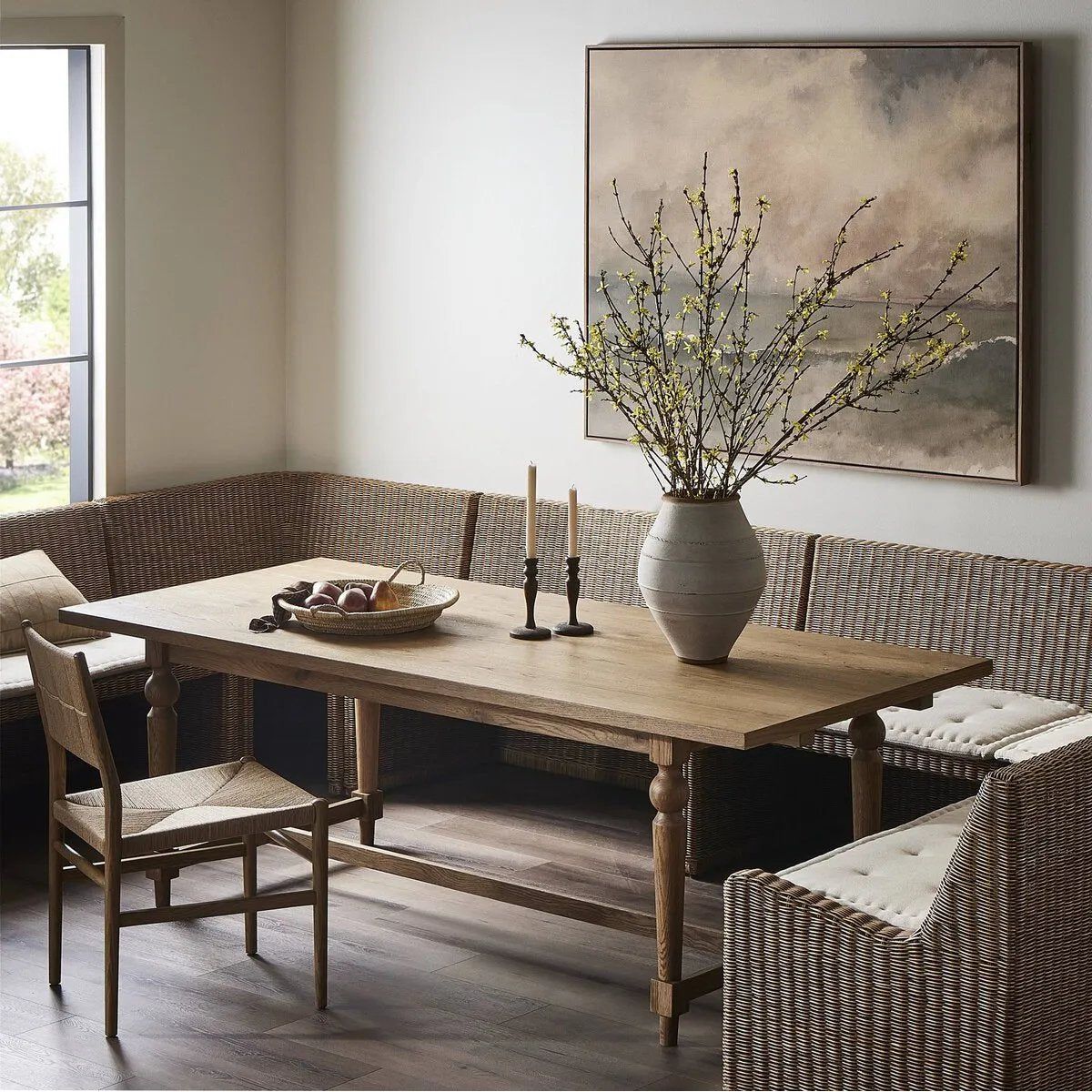 Featuring Blinn Worn Oak Veneer Extension Dining Table by Four Hands at Amethyst Home. Bring a traditional look to the dining room for parties large or small. A turned, tapered base of solid oak support a rectangular tabletop of oak veneer, with a warm, worn finish. On both ends, breadboard extensions provide the option to expand to fit up to 12 guests. Shi. Amethyst Home provides interior design, new home construction design consulting, vintage area rugs, and lighting in the Calabasas metro area.