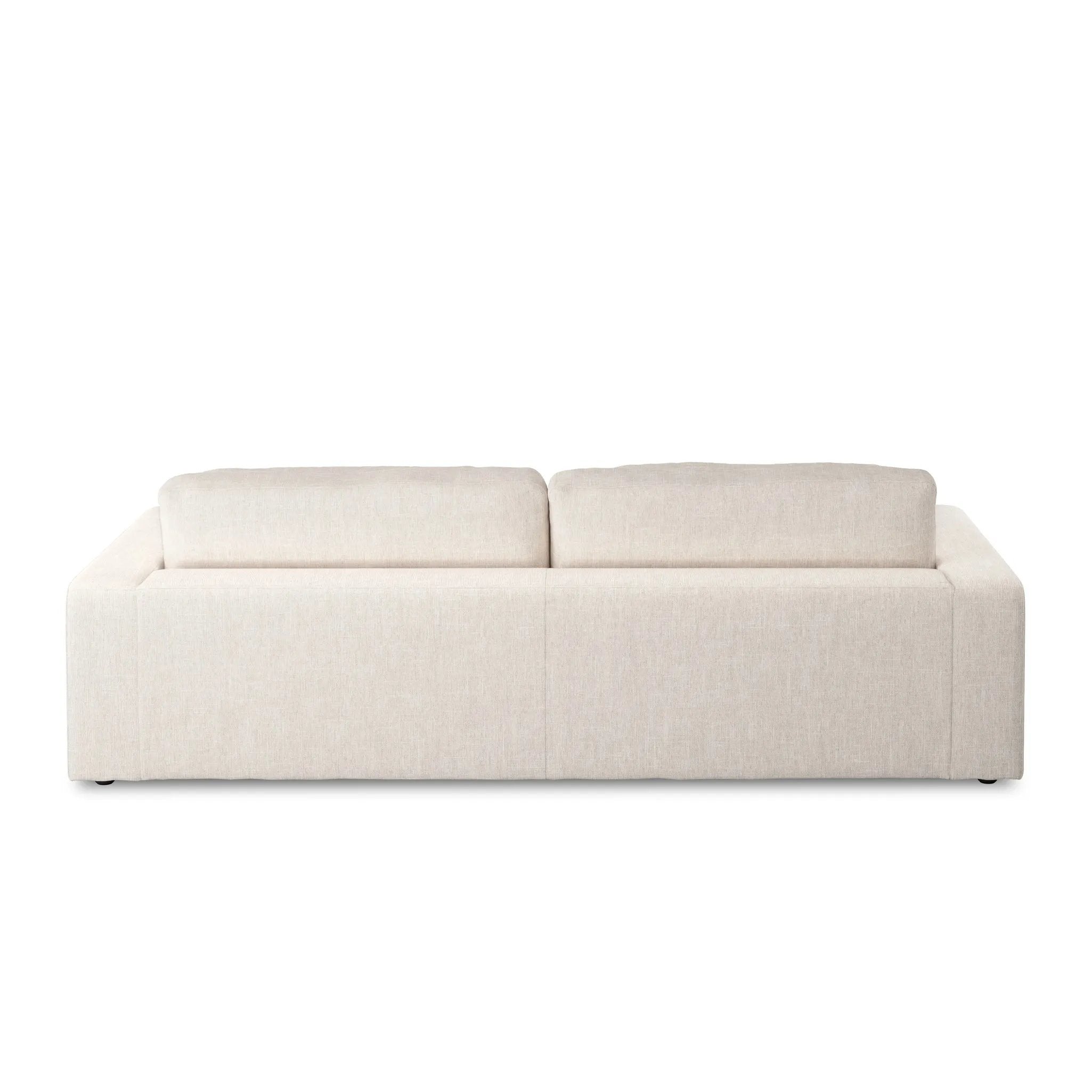 Featuring Bloor Essence Natural Sofa by Four Hands at Amethyst Home. Deep, modern and seductive. This dramatic, spacious sofa is covered in a durable light neutral woven fabric that mixes well with any color palette.Overall Dimensions: 98.00"w x 46.00"d x 31.00"hMaterials : 49% Viscose (Rayon), 22% Flax/Linen, 18% Polyester, 11% CottonWeight : 154.32 lbs. Amethyst Home provides interior design, new home construction design consulting, vintage area rugs, and lighting in the Boston metro area.