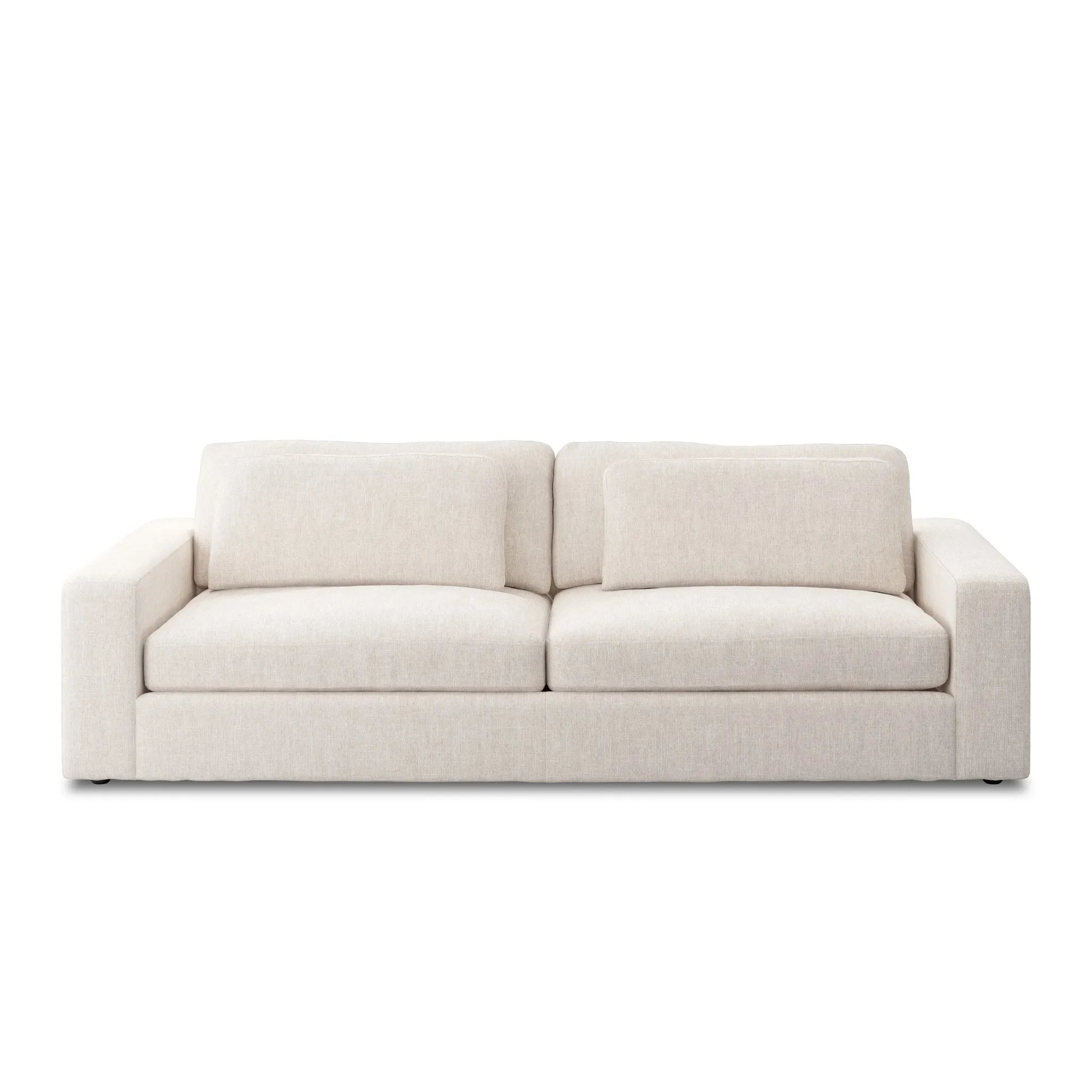 Deep, modern and seductive. This dramatic, spacious sofa is covered in a durable light neutral woven fabric that mixes well with any color palette Amethyst Home provides interior design, new home construction design consulting, vintage area rugs, and lighting in the Dallas metro area.