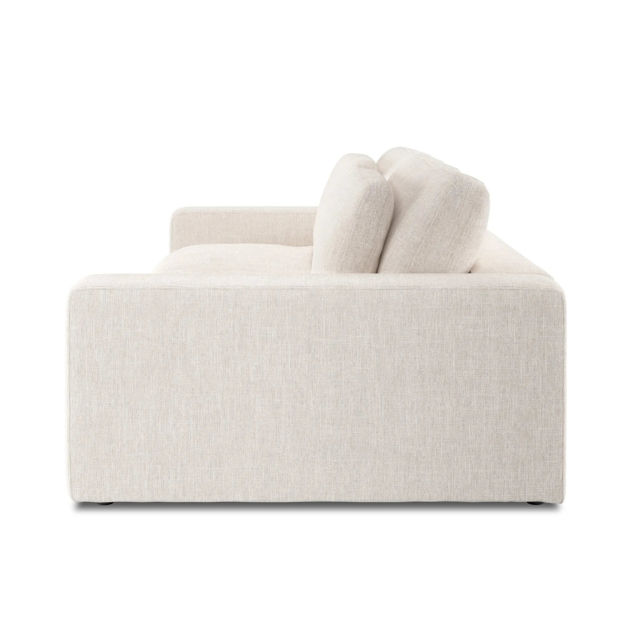 Featuring Bloor Essence Natural Sofa by Four Hands at Amethyst Home. Deep, modern and seductive. This dramatic, spacious sofa is covered in a durable light neutral woven fabric that mixes well with any color palette.Overall Dimensions: 98.00"w x 46.00"d x 31.00"hMaterials : 49% Viscose (Rayon), 22% Flax/Linen, 18% Polyester, 11% CottonWeight : 154.32 lbs. Amethyst Home provides interior design, new home construction design consulting, vintage area rugs, and lighting in the Park City metro area.
