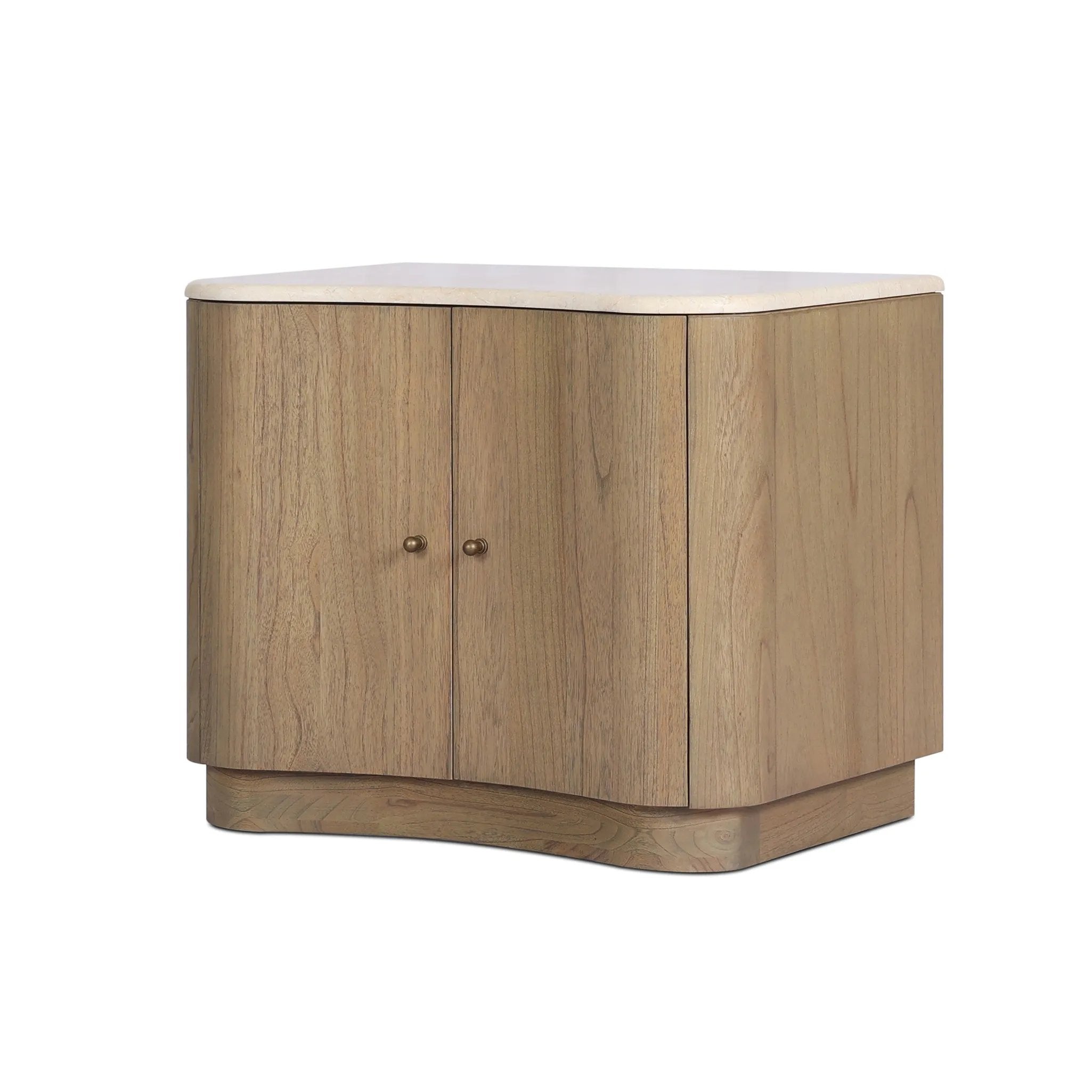 Fluid contours give shape to this solid mindi nightstand, topped with a creamy marbled top. Two doors with knobbed pulls open to inset shelves for organized bedside storage Amethyst Home provides interior design, new home construction design consulting, vintage area rugs, and lighting in the Los Angeles metro area.