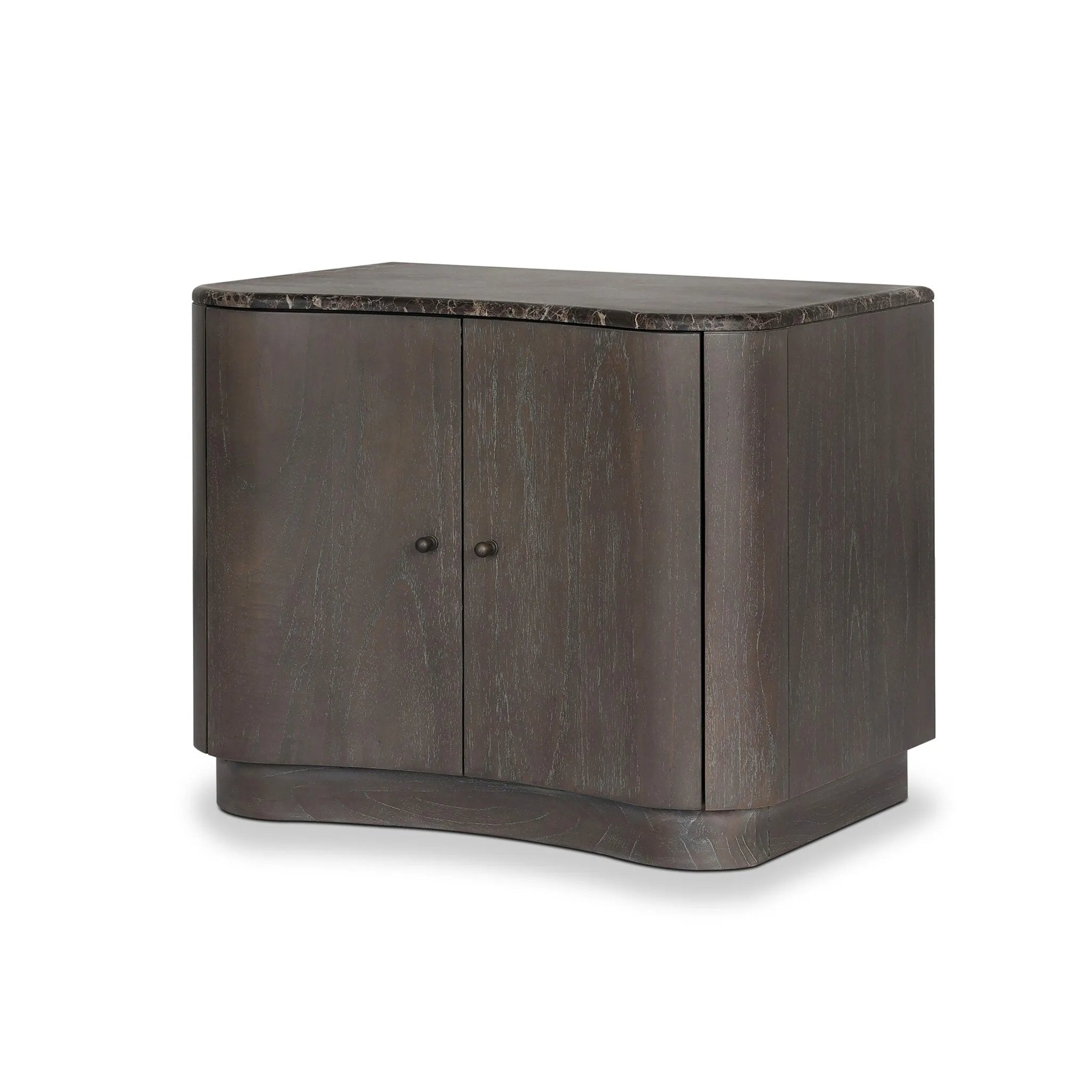 Fluid contours give shape to this solid mindi nightstand, topped with a dark brown marble top. Two doors with knobbed pulls open to inset shelves for organized bedside storage.As enthusiasts of luxe style at Amethyst, we love the optimistic inspired Boa Nightstand - Espresso Mindi Veneer - Dark Honed Emperador Marble. Amethyst Home provides interior design, new home construction design consulting, vintage area rugs, and lighting in the Monterey metro area.