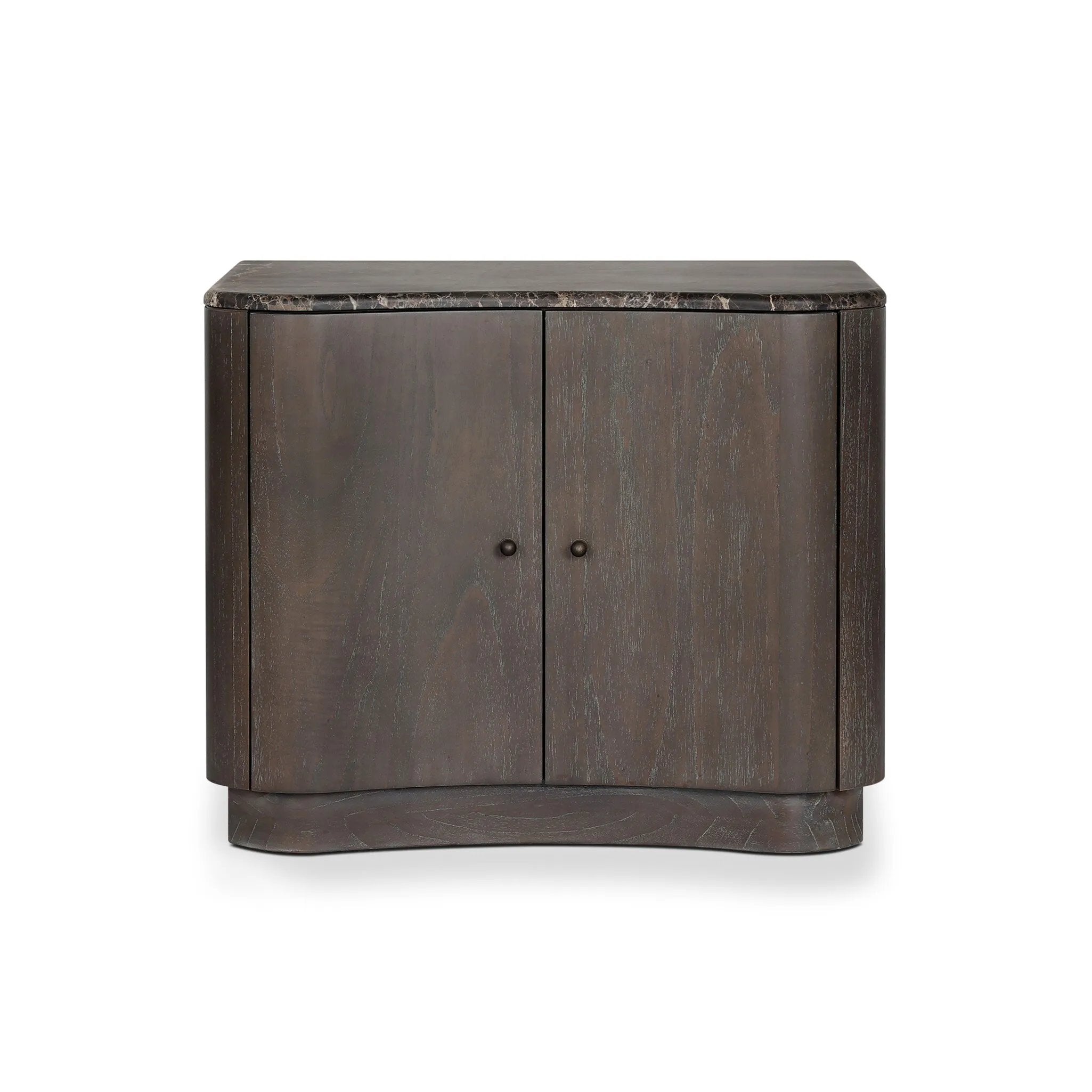 Fluid contours give shape to this solid mindi nightstand, topped with a dark brown marble top. Two doors with knobbed pulls open to inset shelves for organized bedside storage.As enthusiasts of luxe style at Amethyst, we love the optimistic inspired Boa Nightstand - Espresso Mindi Veneer - Dark Honed Emperador Marble. Amethyst Home provides interior design, new home construction design consulting, vintage area rugs, and lighting in the Scottsdale metro area.