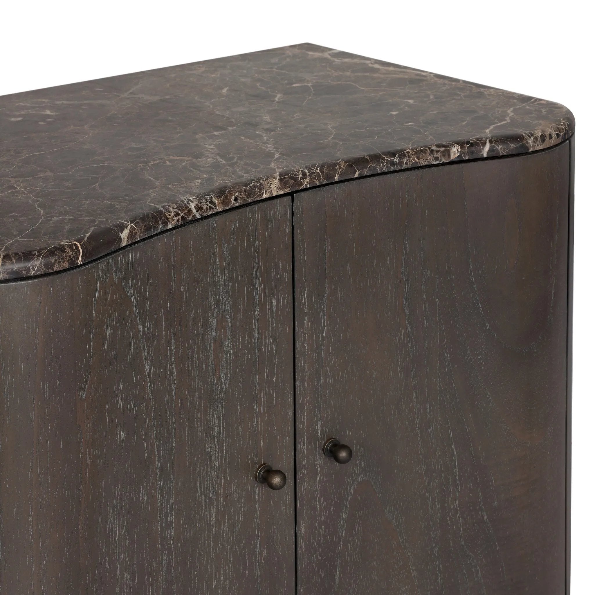 Fluid contours give shape to this solid mindi nightstand, topped with a dark brown marble top. Two doors with knobbed pulls open to inset shelves for organized bedside storage.As enthusiasts of luxe style at Amethyst, we love the optimistic inspired Boa Nightstand - Espresso Mindi Veneer - Dark Honed Emperador Marble. Amethyst Home provides interior design, new home construction design consulting, vintage area rugs, and lighting in the Seattle metro area.