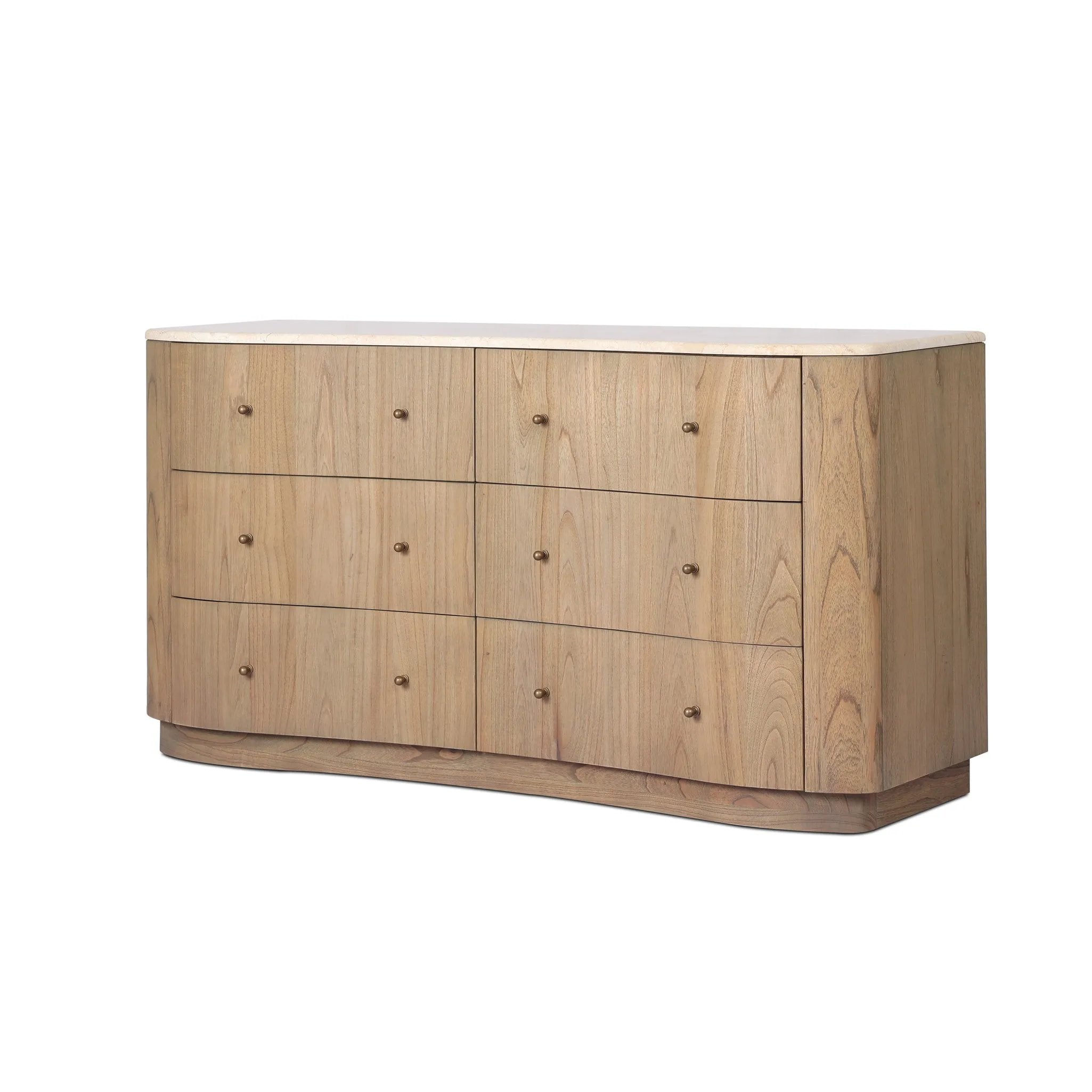Fluid contours give shape to this solid mindi dresser, topped with a creamy marbled top. Six drawers with knobbed pulls open to spacious drawers Amethyst Home provides interior design, new home construction design consulting, vintage area rugs, and lighting in the Laguna Beach metro area.