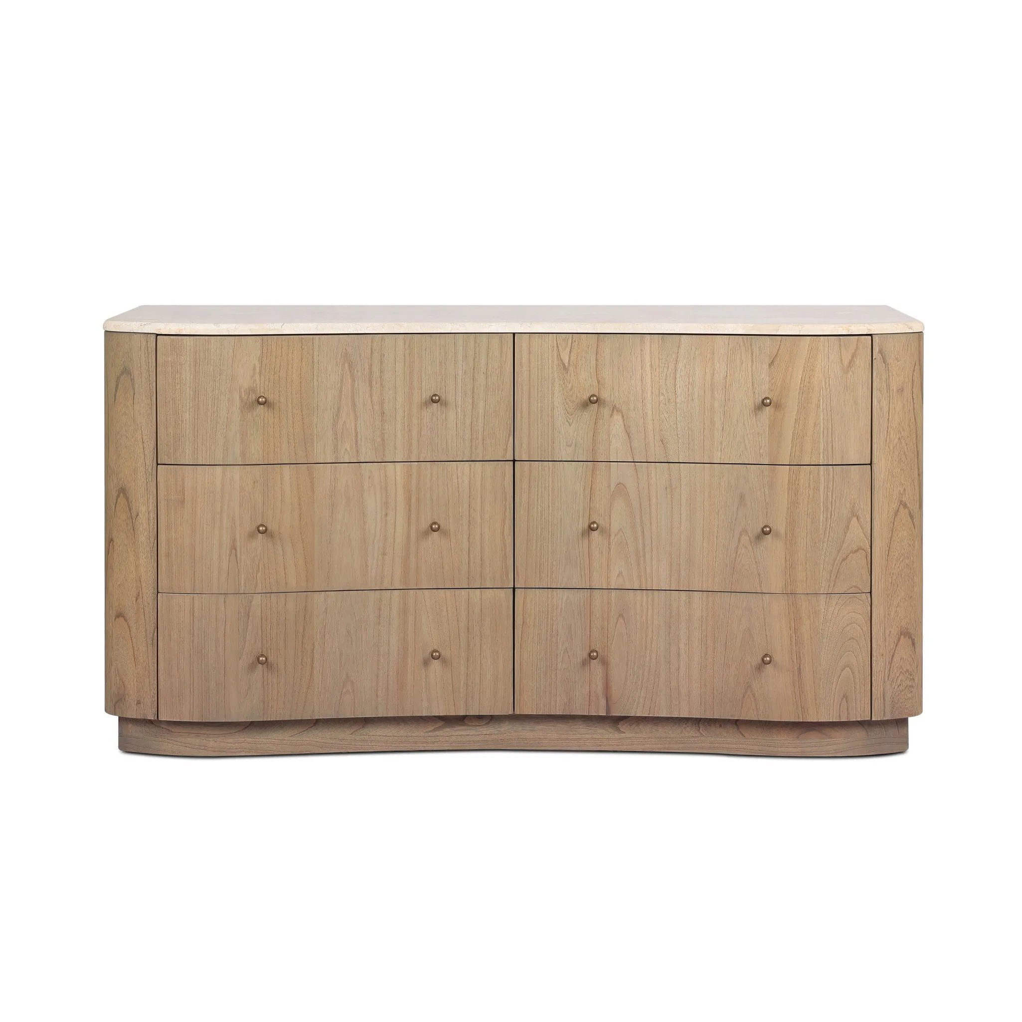 Fluid contours give shape to this solid mindi dresser, topped with a creamy marbled top. Six drawers with knobbed pulls open to spacious drawers Amethyst Home provides interior design, new home construction design consulting, vintage area rugs, and lighting in the Scottsdale metro area.