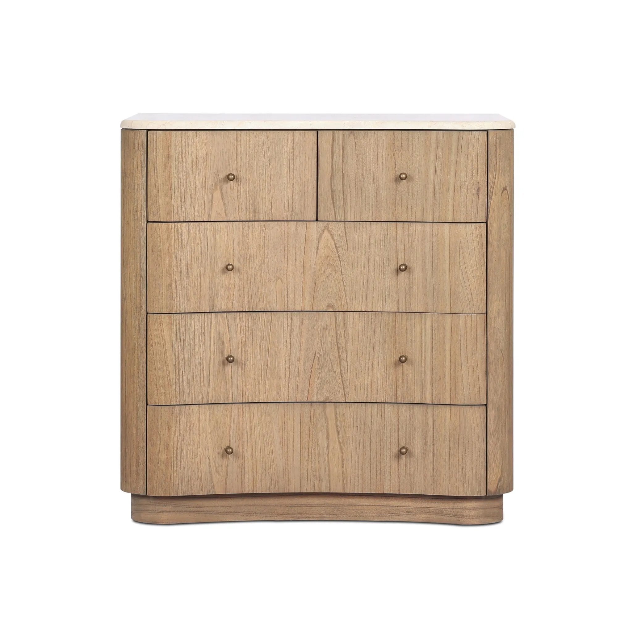 Fluid contours give shape to this solid mindi chest, topped with a creamy marbled top. Five drawers with knobbed pulls open to spacious drawers Amethyst Home provides interior design, new home construction design consulting, vintage area rugs, and lighting in the Alpharetta metro area.