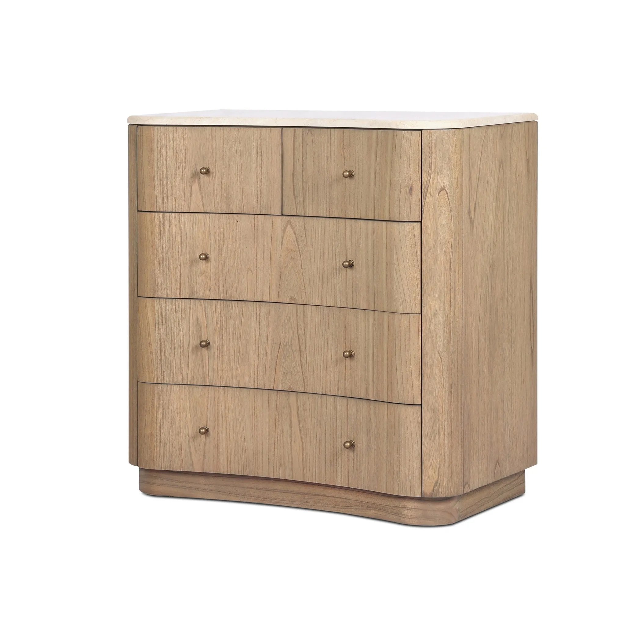 Fluid contours give shape to this solid mindi chest, topped with a creamy marbled top. Five drawers with knobbed pulls open to spacious drawers Amethyst Home provides interior design, new home construction design consulting, vintage area rugs, and lighting in the Omaha metro area.