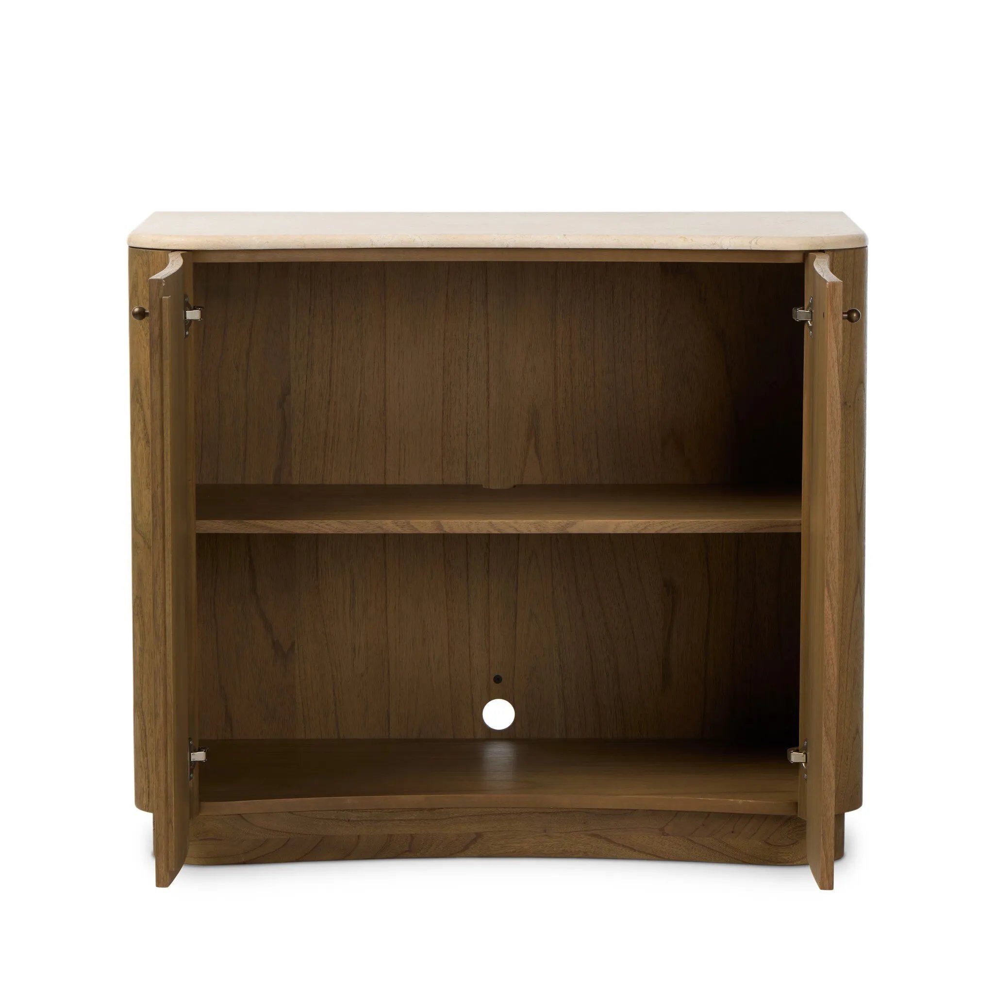 Fluid contours give shape to this solid mindi cabinet, topped with a creamy marbled top. Two doors with knobbed pulls open to inset shelves for organized storage Amethyst Home provides interior design, new home construction design consulting, vintage area rugs, and lighting in the Des Moines metro area.