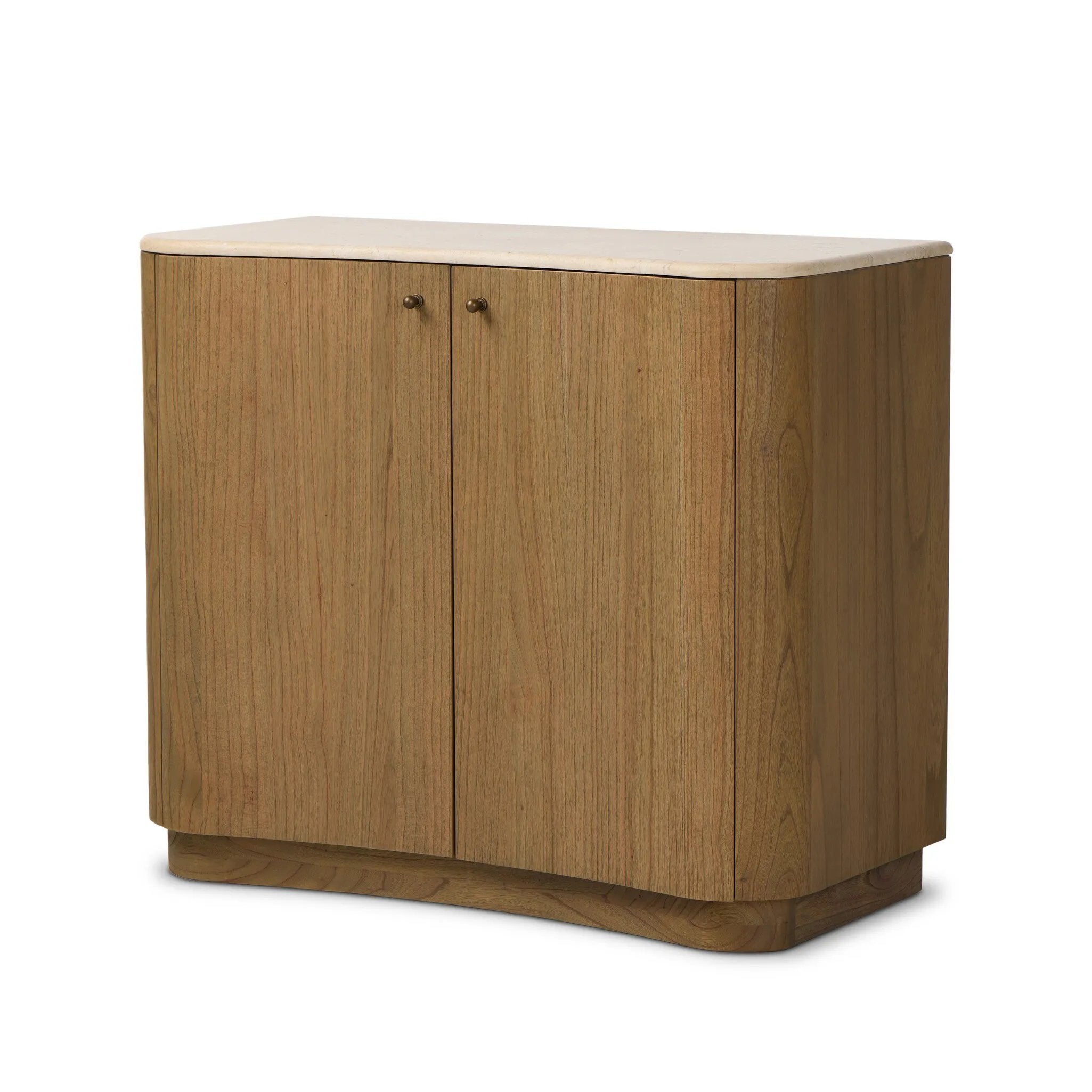 Fluid contours give shape to this solid mindi cabinet, topped with a creamy marbled top. Two doors with knobbed pulls open to inset shelves for organized storage Amethyst Home provides interior design, new home construction design consulting, vintage area rugs, and lighting in the San Diego metro area.