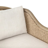 A fresh take on the traditional, this outdoor chair reimagines classic silhouettes with faux banana leaf panels bringing heavy texture to the frame. The camel back and swooping curves add softness, with removable cushions in a linen-like fabric adding comfort. Cover or store inside during inclement weather and when not in use. Amethyst Home provides interior design, new home construction design consulting, vintage area rugs, and lighting in the Boston metro area.