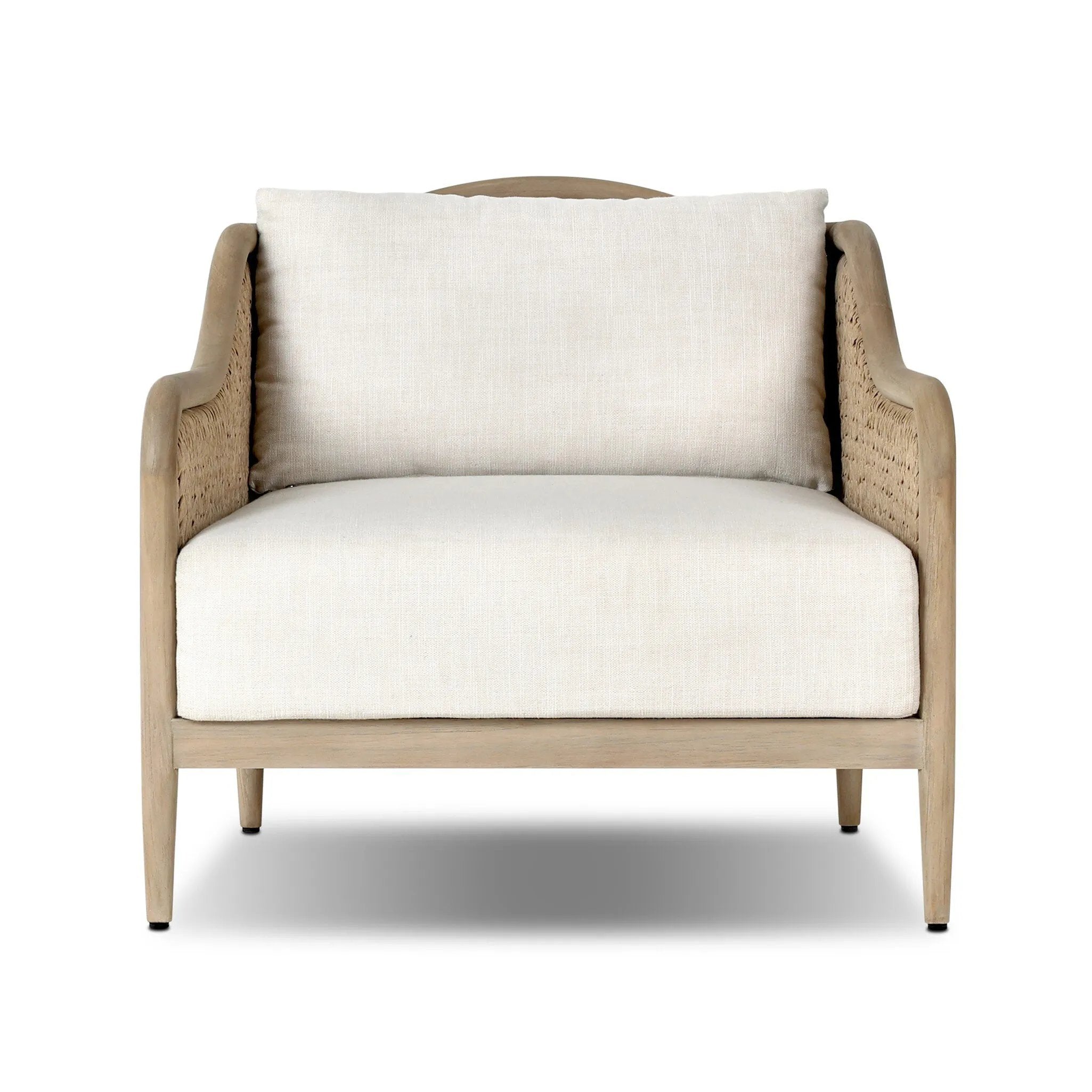 A fresh take on the traditional, this outdoor chair reimagines classic silhouettes with faux banana leaf panels bringing heavy texture to the frame. The camel back and swooping curves add softness, with removable cushions in a linen-like fabric adding comfort. Cover or store inside during inclement weather and when not in use. Amethyst Home provides interior design, new home construction design consulting, vintage area rugs, and lighting in the Kansas City metro area.