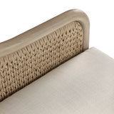 A fresh take on the traditional, this outdoor chair reimagines classic silhouettes with faux banana leaf panels bringing heavy texture to the frame. The camel back and swooping curves add softness, with removable cushions in a linen-like fabric adding comfort. Cover or store inside during inclement weather and when not in use. Amethyst Home provides interior design, new home construction design consulting, vintage area rugs, and lighting in the Park City metro area.