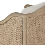 A fresh take on the traditional, this outdoor chair reimagines classic silhouettes with faux banana leaf panels bringing heavy texture to the frame. The camel back and swooping curves add softness, with removable cushions in a linen-like fabric adding comfort. Cover or store inside during inclement weather and when not in use. Amethyst Home provides interior design, new home construction design consulting, vintage area rugs, and lighting in the Scottsdale metro area.