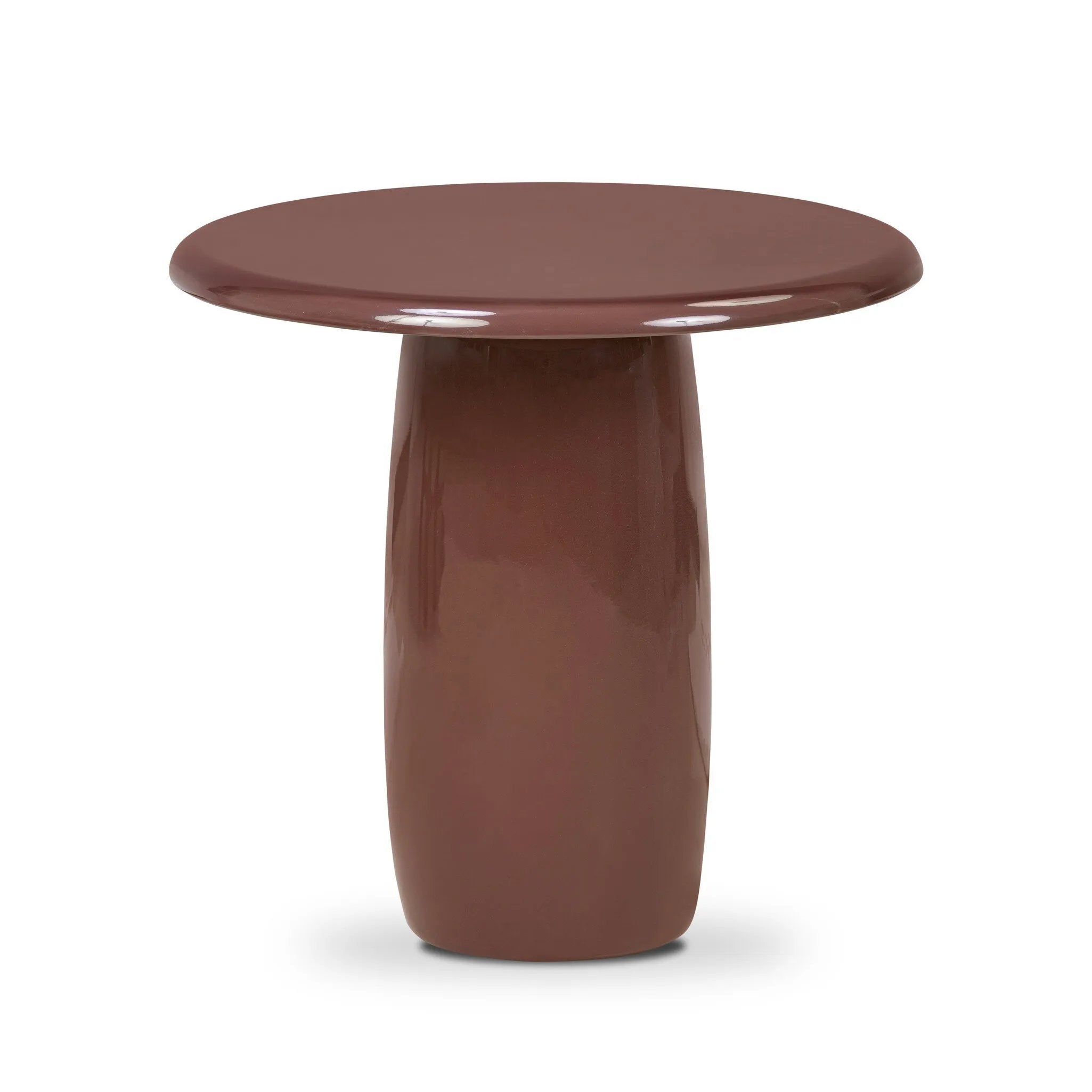 Add an extra surface anywhere with a pedestal end table with a glossy plum finish Amethyst Home provides interior design, new home construction design consulting, vintage area rugs, and lighting in the Houston metro area.