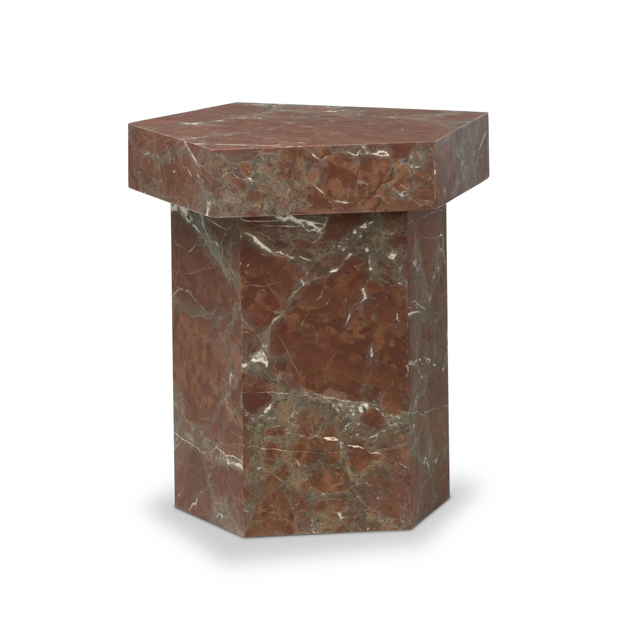 Add a unique piece to your collection with a solid marble end table. With an irregular pentagon shape and heavy natural veining in rich rust and grey tones, each piece varies for a look that's truly one of a kind Amethyst Home provides interior design, new home construction design consulting, vintage area rugs, and lighting in the Boston metro area.