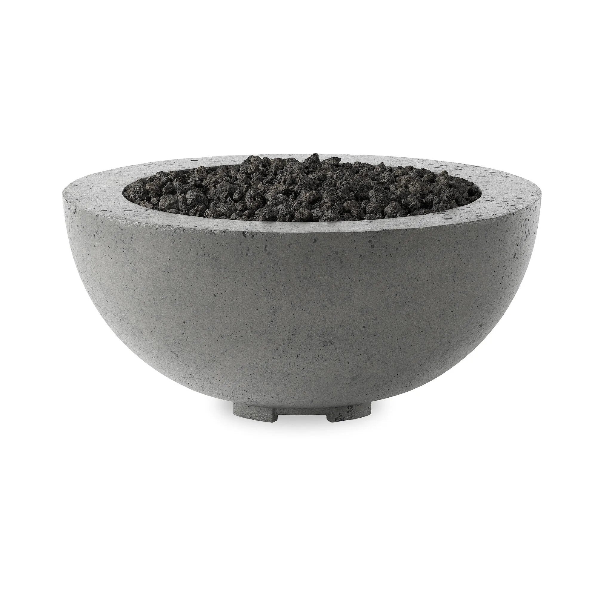This outdoor fire table is a welcoming centerpiece designed for gathering. Made from glass-reinforced concrete, each piece is naturally finished with deep tones of pewter and dark grey. The bowl shape is completed with lavastones in the center, bringing together a bold, monochromatic look. Amethyst Home provides interior design, new home construction design consulting, vintage area rugs, and lighting in the Calabasas metro area.
