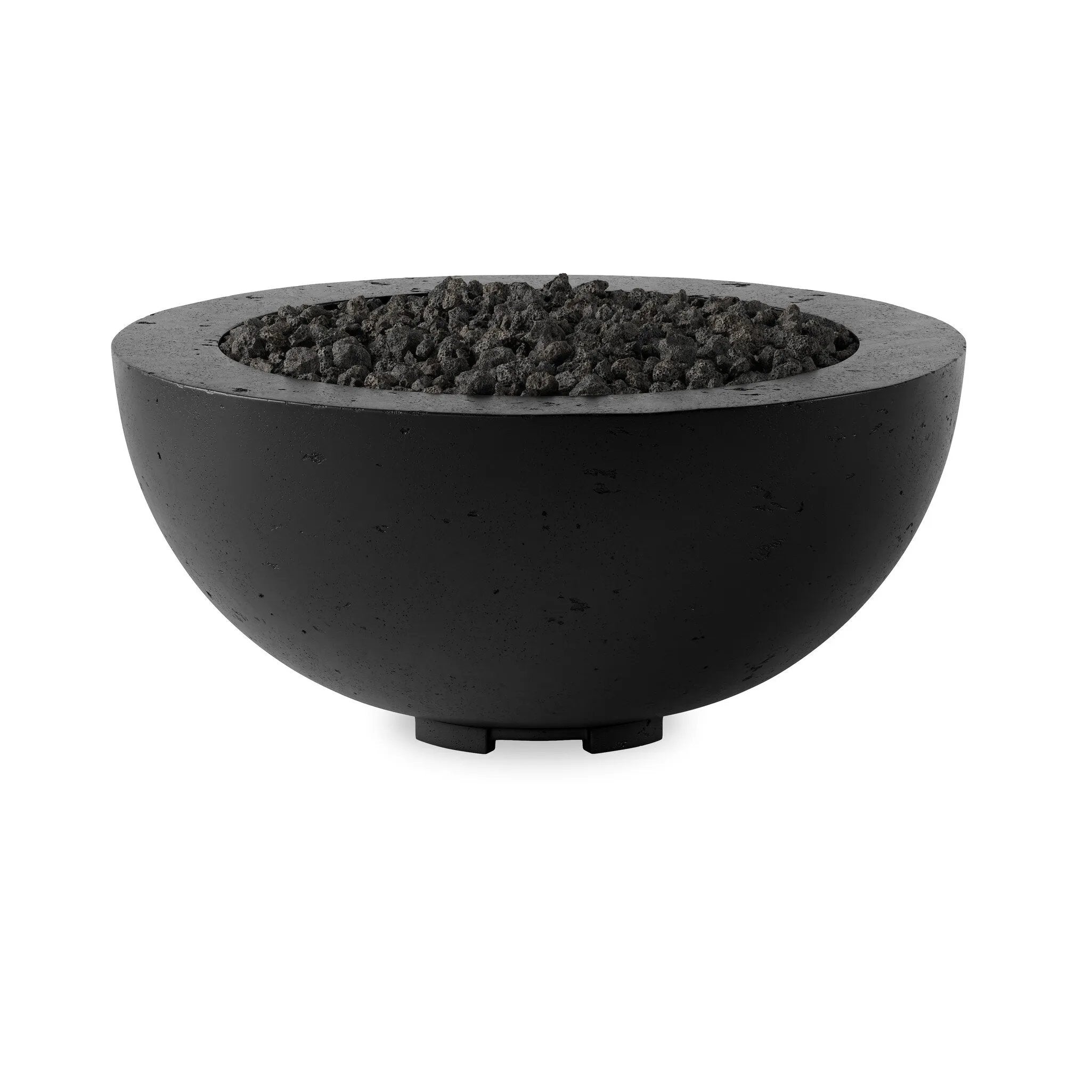 This outdoor fire table is a welcoming centerpiece designed for gathering. Made from glass-reinforced concrete, each piece is naturally finished with deep tones of charcoal. The bowl shape is completed with lavastones in the center, bringing together a bold, monochromatic look. Professional installation required to connect to a natural gas line. Amethyst Home provides interior design, new home construction design consulting, vintage area rugs, and lighting in the Park City metro area.