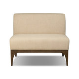 This timeless piece works seamlessly into a wide range of styles and collections. With tapered wooden legs with a small curve detail and an armless silhouette for ease and flexibility around a dining banquette. Upholstered in a beautifully neutral performance fabric, connected with alligator clips at the bottom. Amethyst Home provides interior design, new home construction design consulting, vintage area rugs, and lighting in the Charlotte metro area.