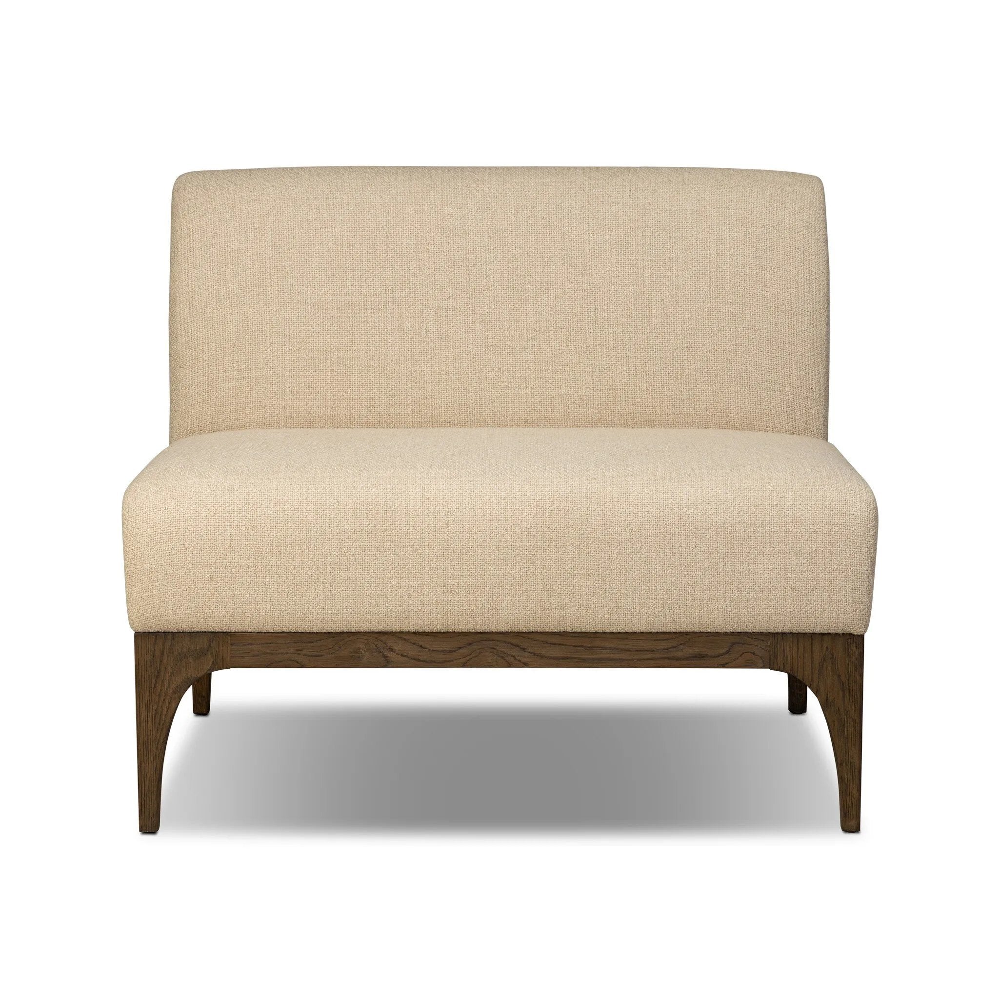 This timeless piece works seamlessly into a wide range of styles and collections. With tapered wooden legs with a small curve detail and an armless silhouette for ease and flexibility around a dining banquette. Upholstered in a beautifully neutral performance fabric, connected with alligator clips at the bottom. Amethyst Home provides interior design, new home construction design consulting, vintage area rugs, and lighting in the Charlotte metro area.